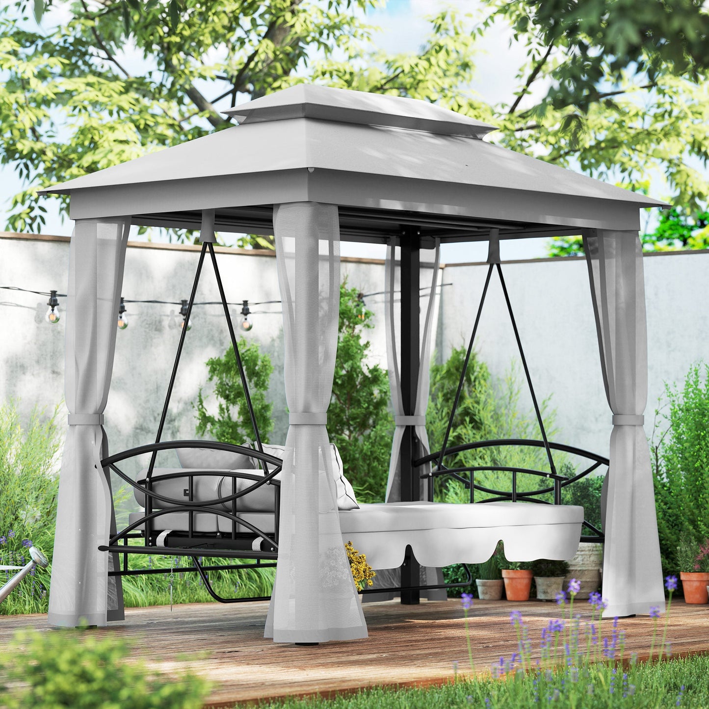 3 Person Outdoor Patio Daybed, 3 in 1 Canopy Gazebo Swing Chair Garden Hammock with Sun Shade, Mesh Mosquito and Net, Grey