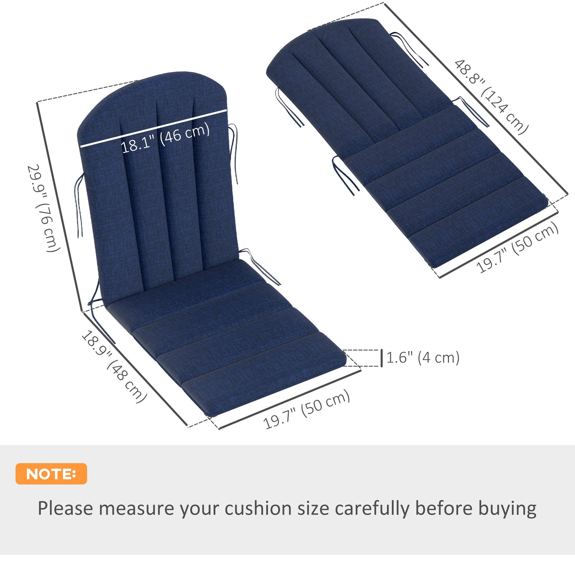 Adirondack Chair Cushion Set of 2, Outdoor Chair Cushions, High Back Patio Chair Cushions with Ties, Non-Slip Replacement Seat Cushion for Patio Furniture, Navy Blue