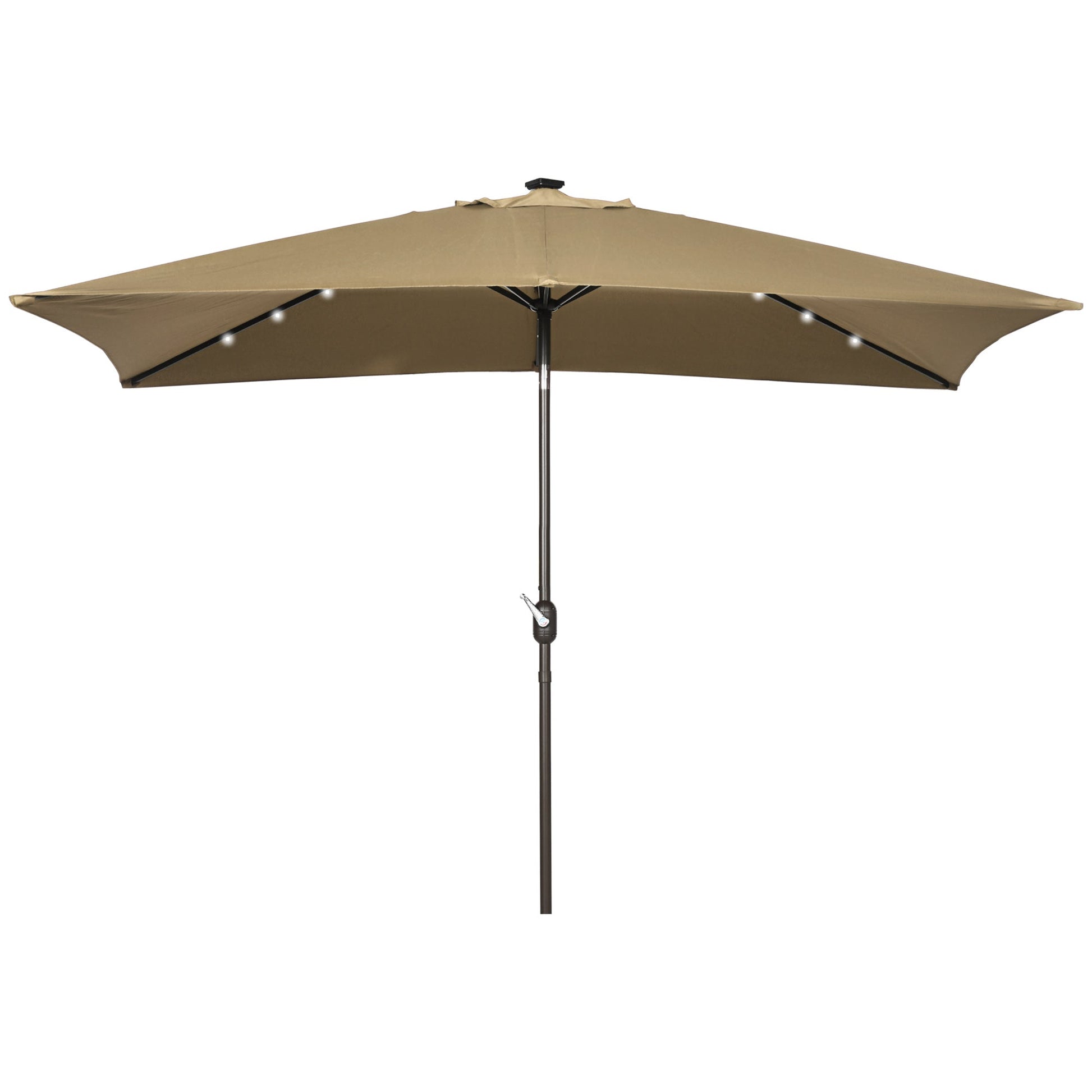 6.5x10ft Patio Umbrella Rectangle Solar Powered Tilt Aluminum Outdoor Market Parasol with LEDs Crank (Light Coffee)