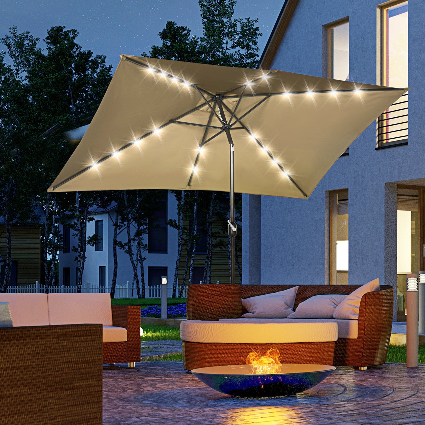 6.5x10ft Patio Umbrella Rectangle Solar Powered Tilt Aluminum Outdoor Market Parasol with LEDs Crank (Light Coffee)