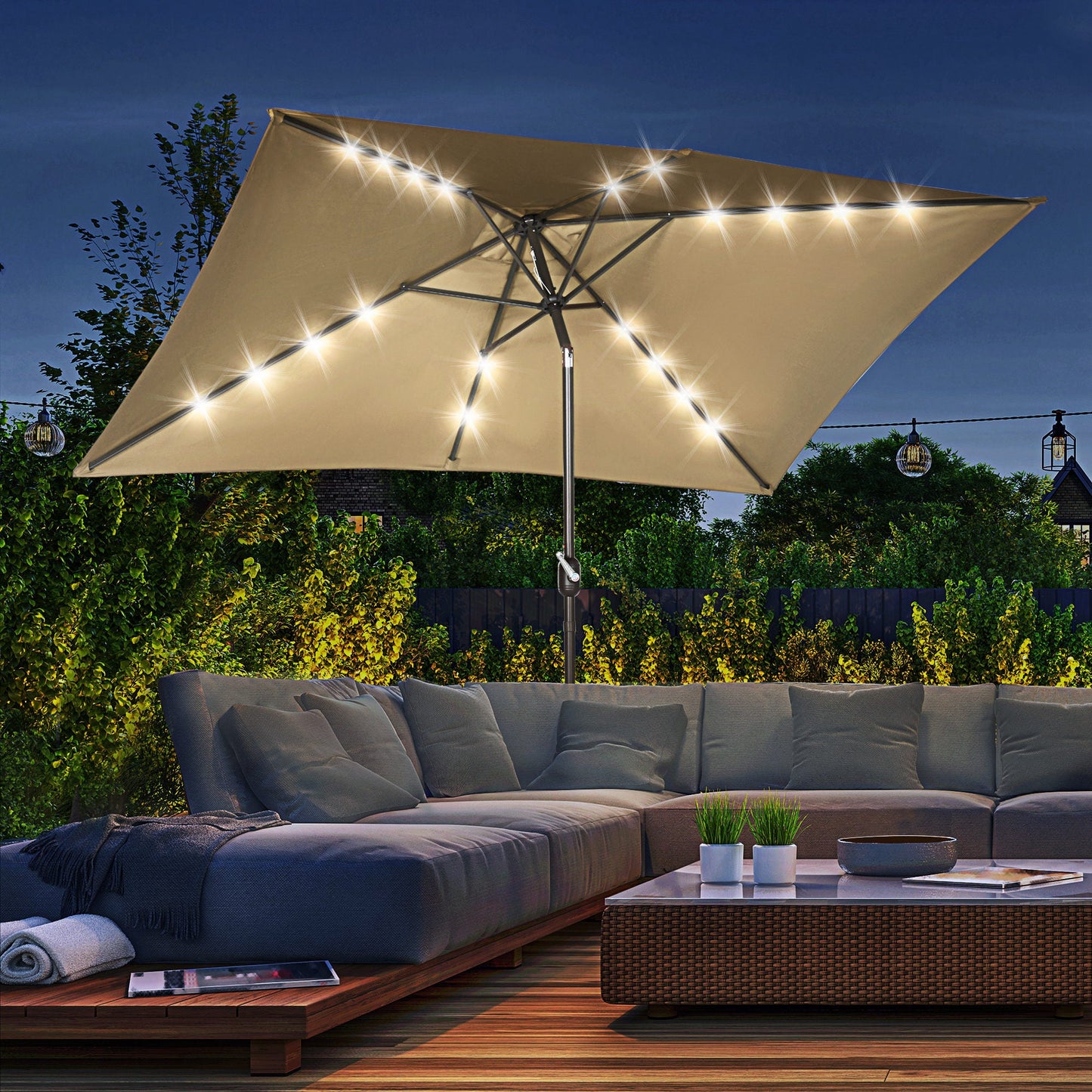 6.5x10ft Patio Umbrella Rectangle Solar Powered Tilt Aluminum Outdoor Market Parasol with LEDs Crank (Light Coffee)
