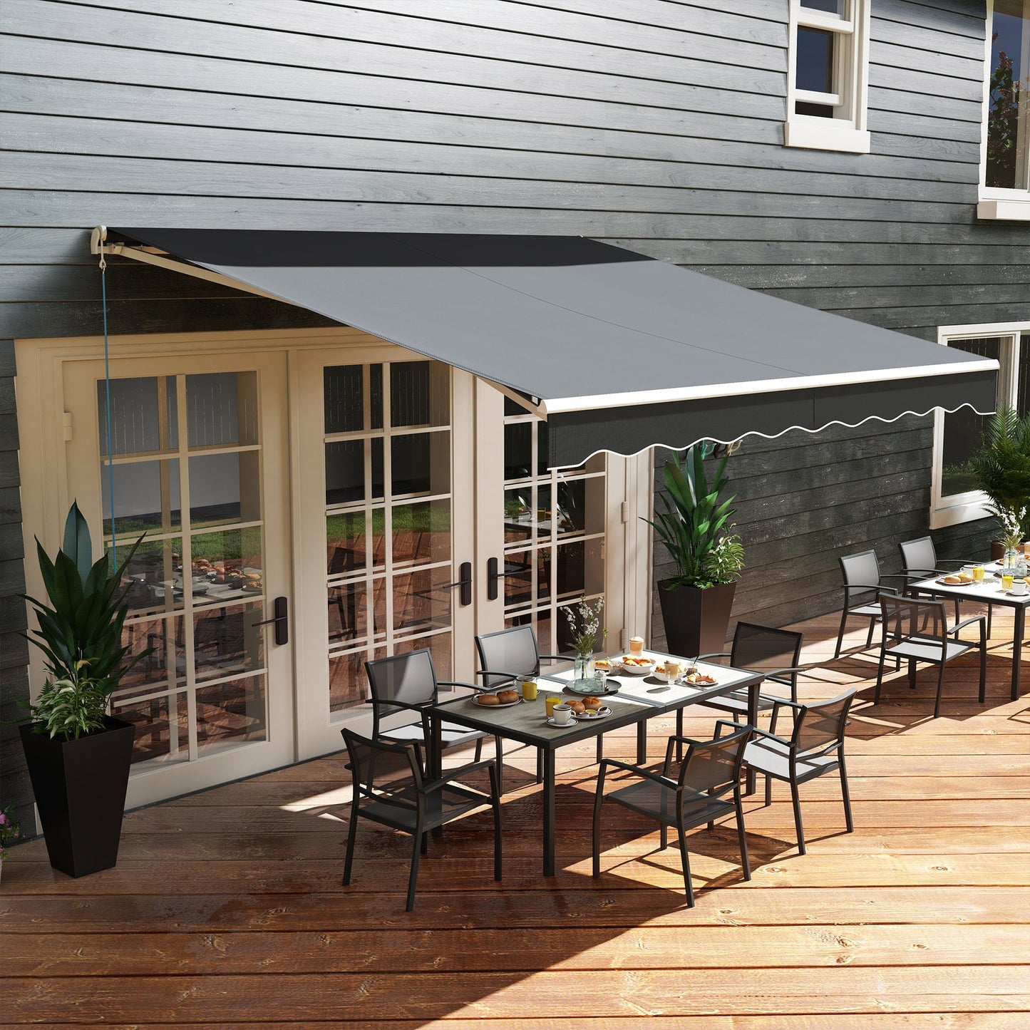 12' x 10' Electric Awning, Retractable Awning Sun Shade Shelter with Remote Controller, Manual Crank Handle and Aluminum Frame, for Deck, Balcony, Yard, Black