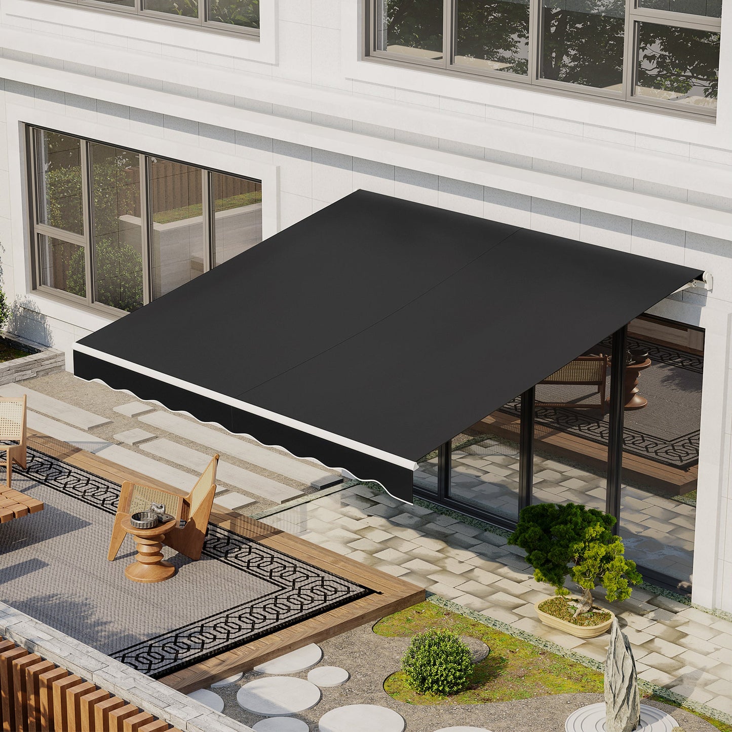 12' x 10' Electric Awning, Retractable Awning Sun Shade Shelter with Remote Controller, Manual Crank Handle and Aluminum Frame, for Deck, Balcony, Yard, Black