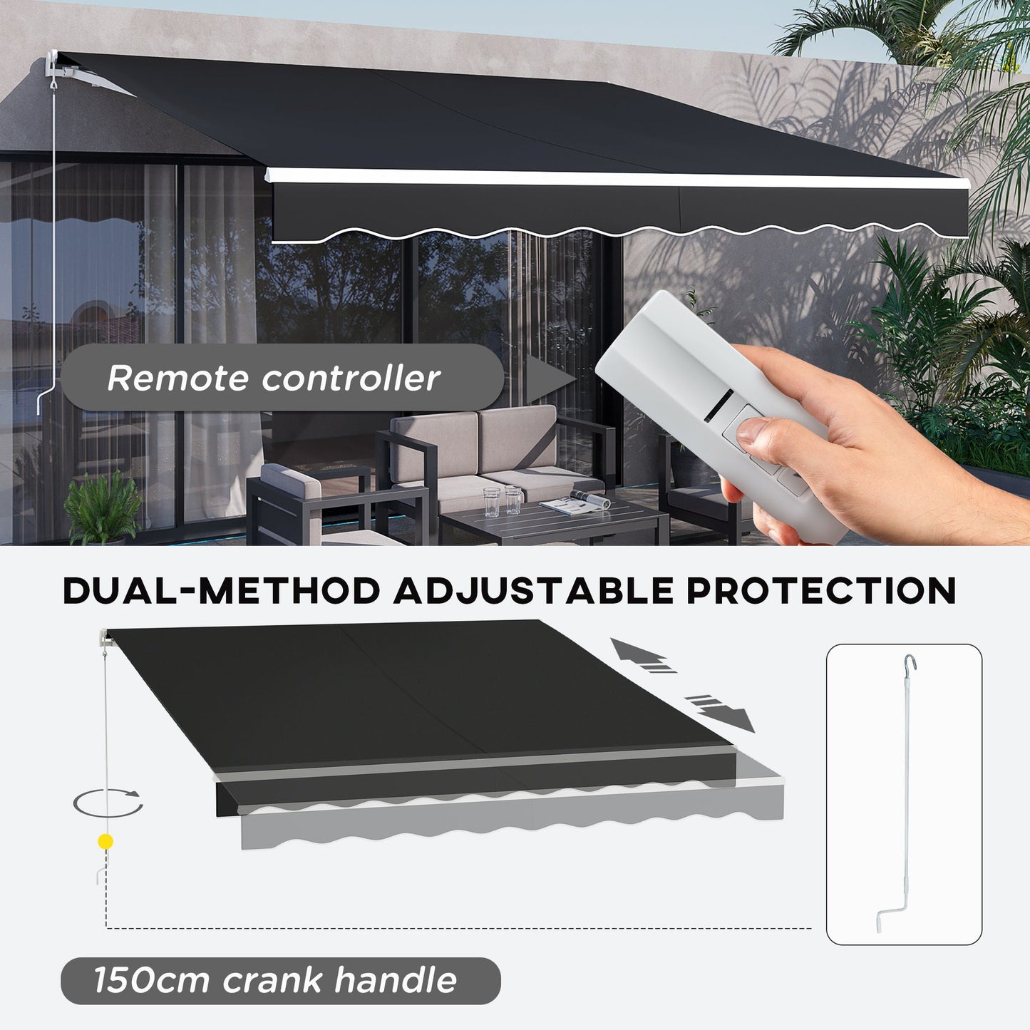 12' x 10' Electric Awning, Retractable Awning Sun Shade Shelter with Remote Controller, Manual Crank Handle and Aluminum Frame, for Deck, Balcony, Yard, Black