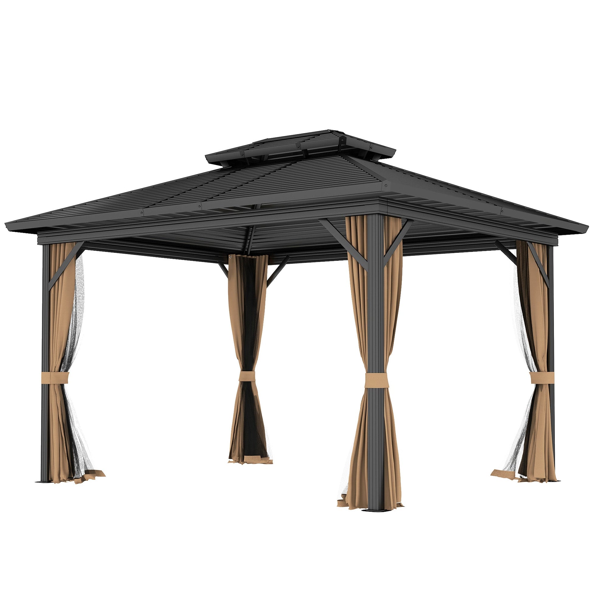 10' x 12' Hardtop Gazebo, Aluminum Frame Garden Sun Shelter with Double Tier Metal Roof, Mosquito Netting, Curtains, and Hanging Hook, Dark Brown