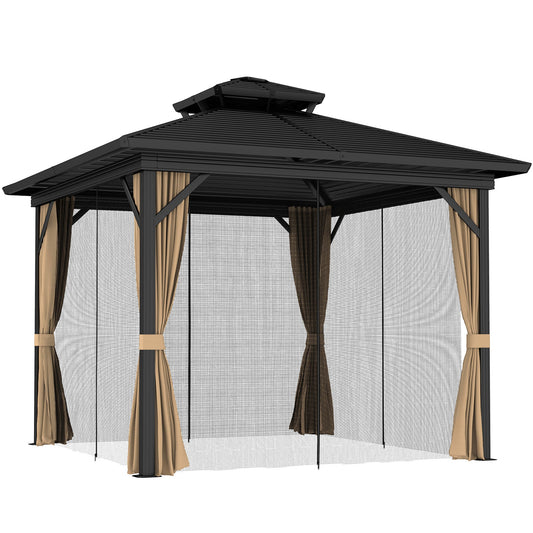 10' x 12' Hardtop Gazebo, Aluminum Frame Garden Sun Shelter with Double Tier Metal Roof, Mosquito Netting, Curtains, and Hanging Hook, Dark Brown