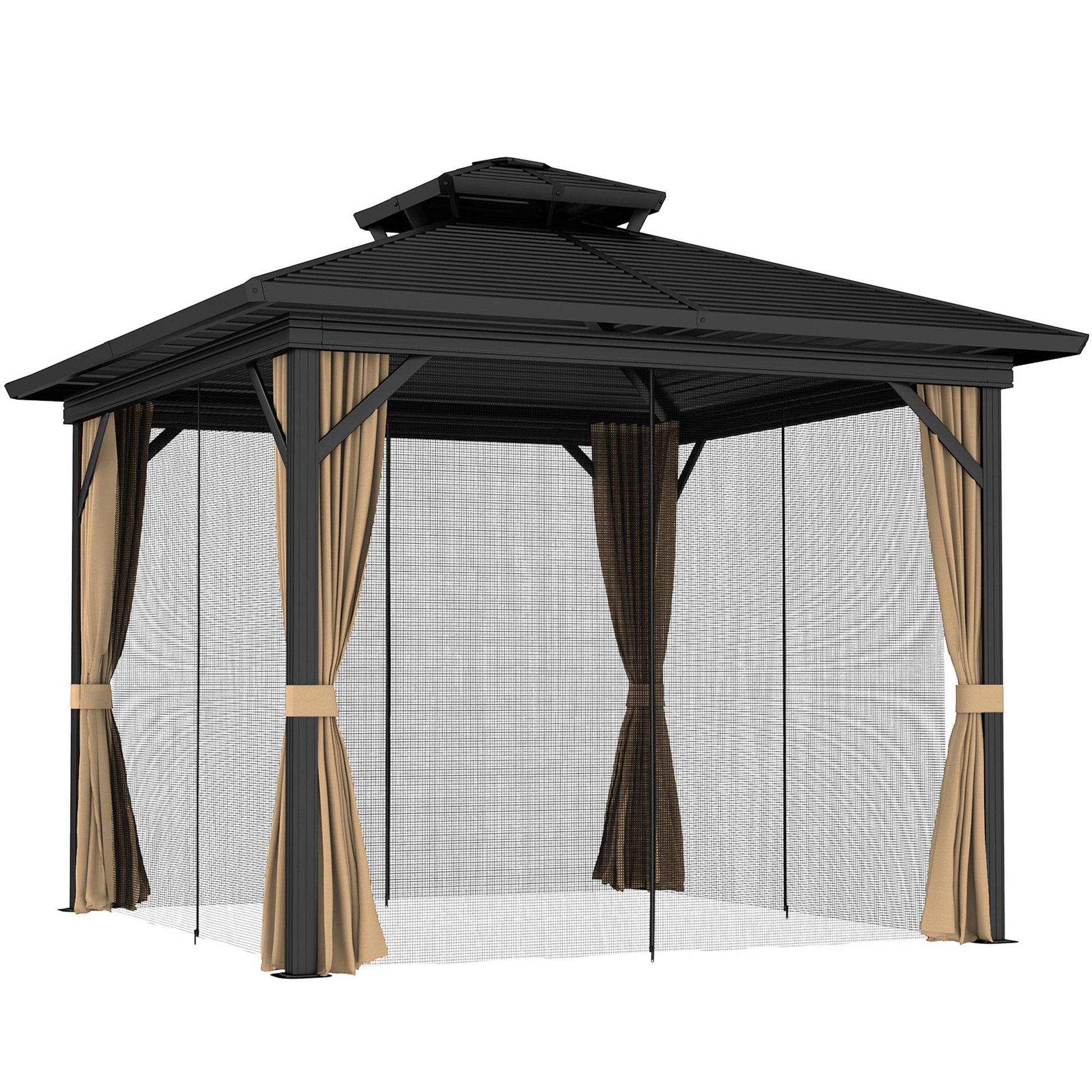 10' x 12' Hardtop Gazebo, Aluminum Frame Garden Sun Shelter with Double Tier Metal Roof, Mosquito Netting, Curtains, and Hanging Hook, Dark Brown