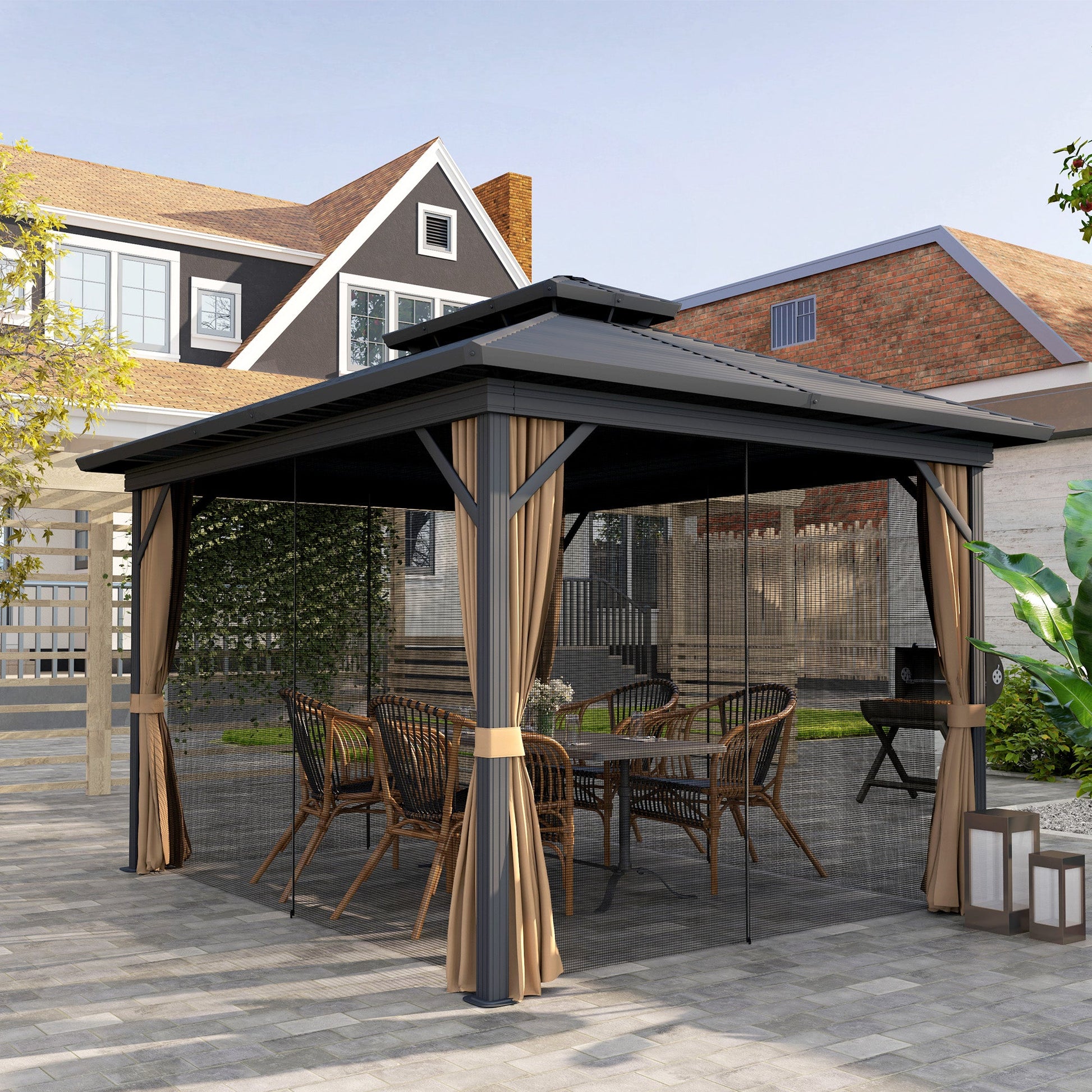 10' x 12' Hardtop Gazebo, Aluminum Frame Garden Sun Shelter with Double Tier Metal Roof, Mosquito Netting, Curtains, and Hanging Hook, Dark Brown
