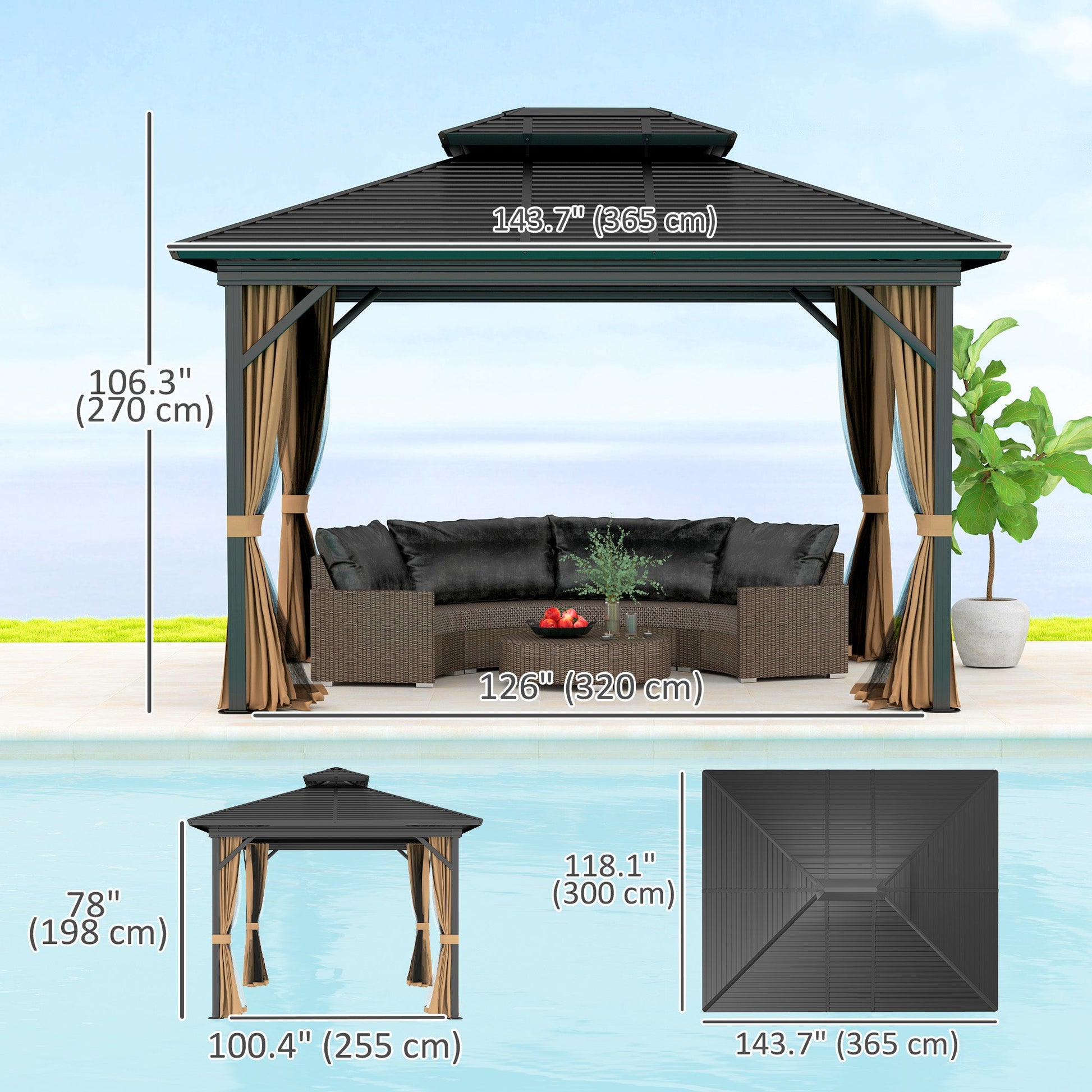 10' x 12' Hardtop Gazebo, Aluminum Frame Garden Sun Shelter with Double Tier Metal Roof, Mosquito Netting, Curtains, and Hanging Hook, Dark Brown