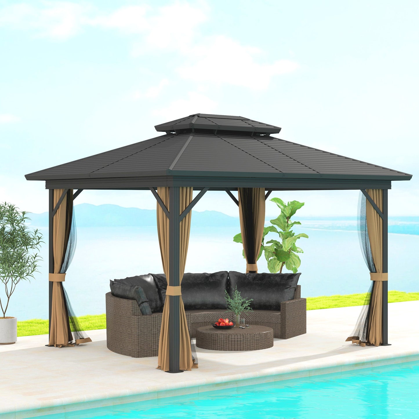 10' x 12' Hardtop Gazebo, Aluminum Frame Garden Sun Shelter with Double Tier Metal Roof, Mosquito Netting, Curtains, and Hanging Hook, Dark Brown