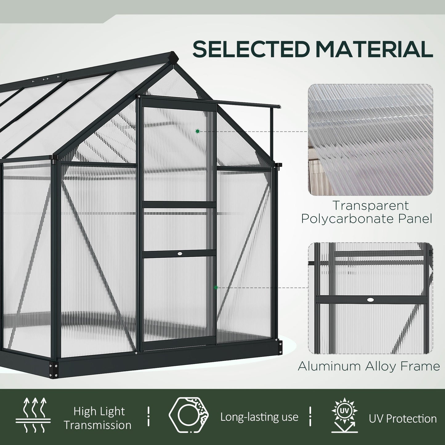 6' x 8' x 6.6' Polycarbonate Greenhouse, Walk-In Green House Kit Garden, Plants Grow, Galvanized Sheet Aluminum Frame with Rain Gutter, Vent and Sliding Door, Grey