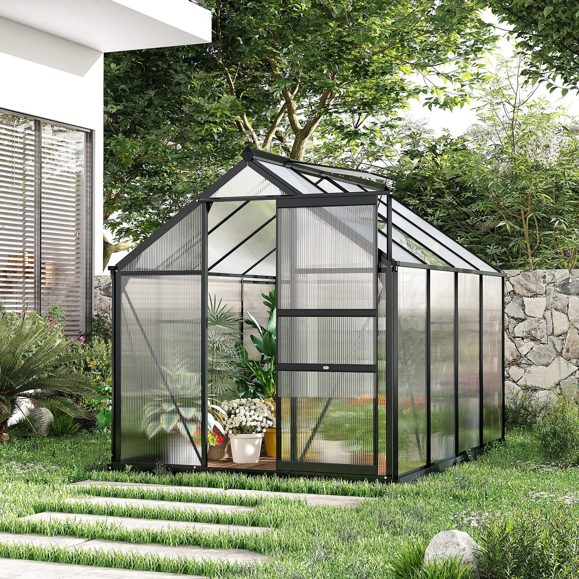 6' x 8' x 6.6' Polycarbonate Greenhouse, Walk-In Green House Kit Garden, Plants Grow, Galvanized Sheet Aluminum Frame with Rain Gutter, Vent and Sliding Door, Grey