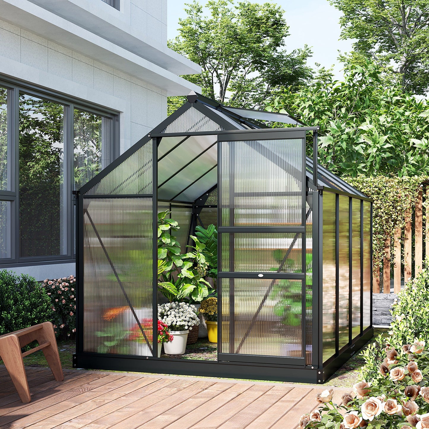 6' x 8' x 6.6' Polycarbonate Greenhouse, Walk-In Green House Kit Garden, Plants Grow, Galvanized Sheet Aluminum Frame with Rain Gutter, Vent and Sliding Door, Grey