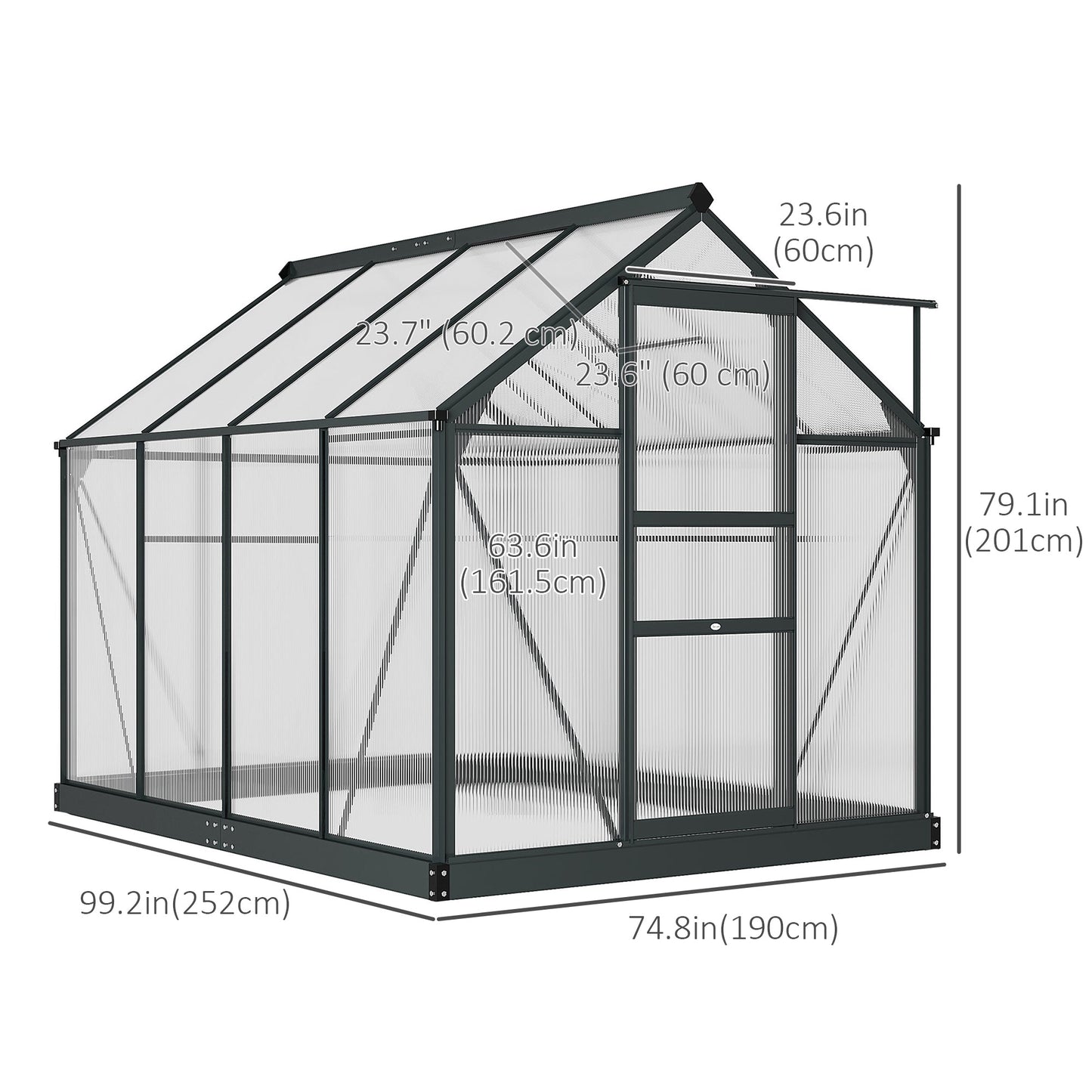 6' x 8' x 6.6' Polycarbonate Greenhouse, Walk-In Green House Kit Garden, Plants Grow, Galvanized Sheet Aluminum Frame with Rain Gutter, Vent and Sliding Door, Grey