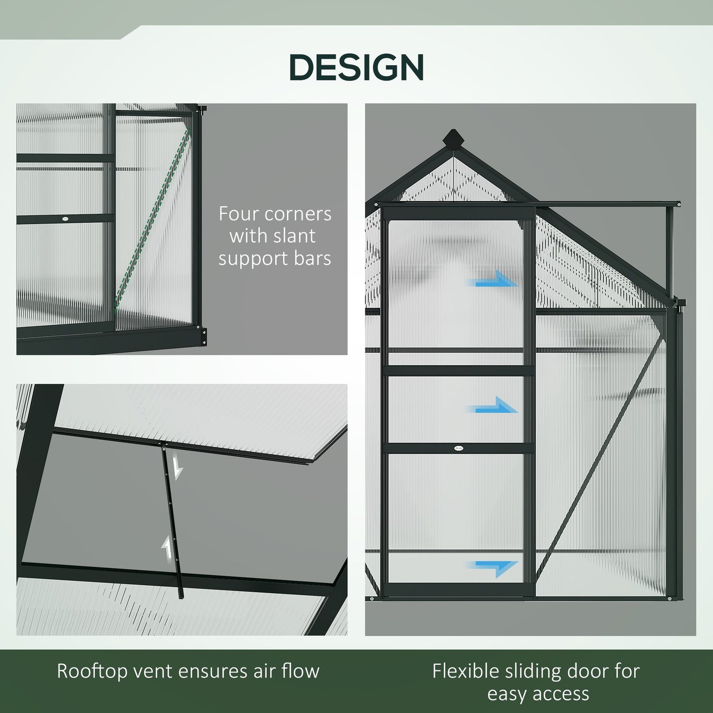 6' x 8' x 6.6' Polycarbonate Greenhouse, Walk-In Green House Kit Garden, Plants Grow, Galvanized Sheet Aluminum Frame with Rain Gutter, Vent and Sliding Door, Grey