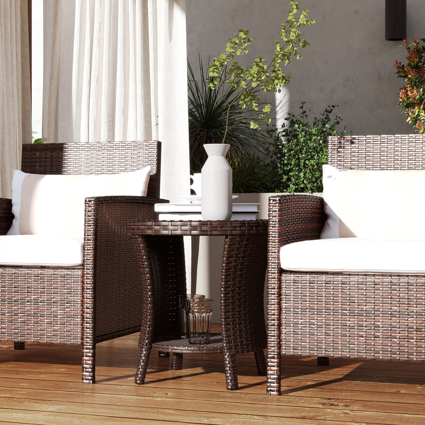 18" Wicker Outdoor Side Table, Patio Coffee Table with 2-Tier Storage, PE Rattan Outdoor Coffee Table with Composite Wood Top for Garden Backyard Balcony, Brown