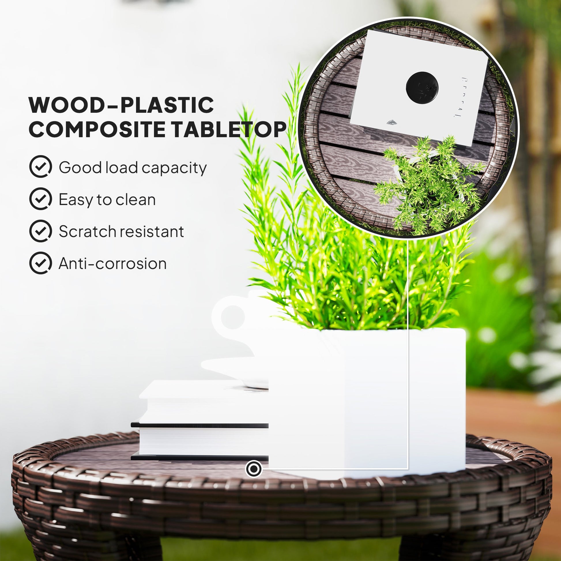 18" Wicker Outdoor Side Table, Patio Coffee Table with 2-Tier Storage, PE Rattan Outdoor Coffee Table with Composite Wood Top for Garden Backyard Balcony, Brown