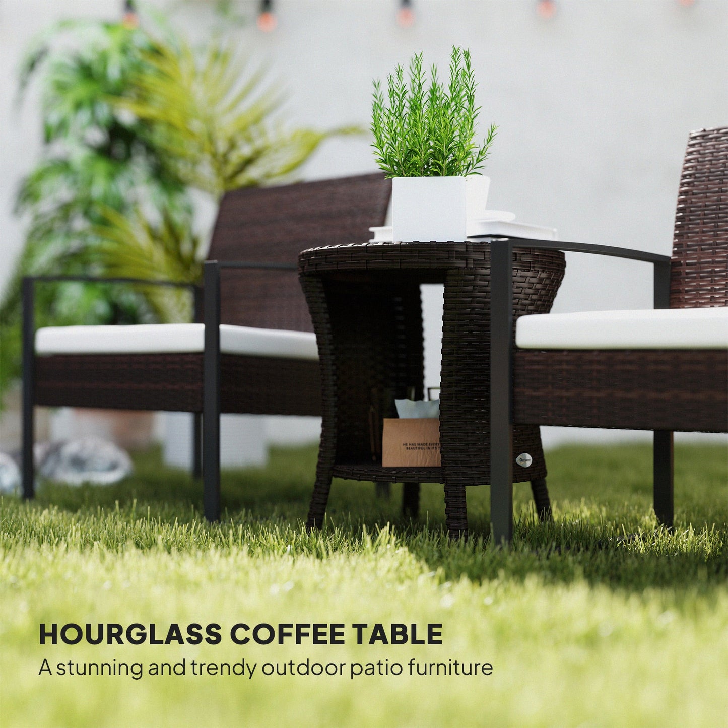 18" Wicker Outdoor Side Table, Patio Coffee Table with 2-Tier Storage, PE Rattan Outdoor Coffee Table with Composite Wood Top for Garden Backyard Balcony, Brown