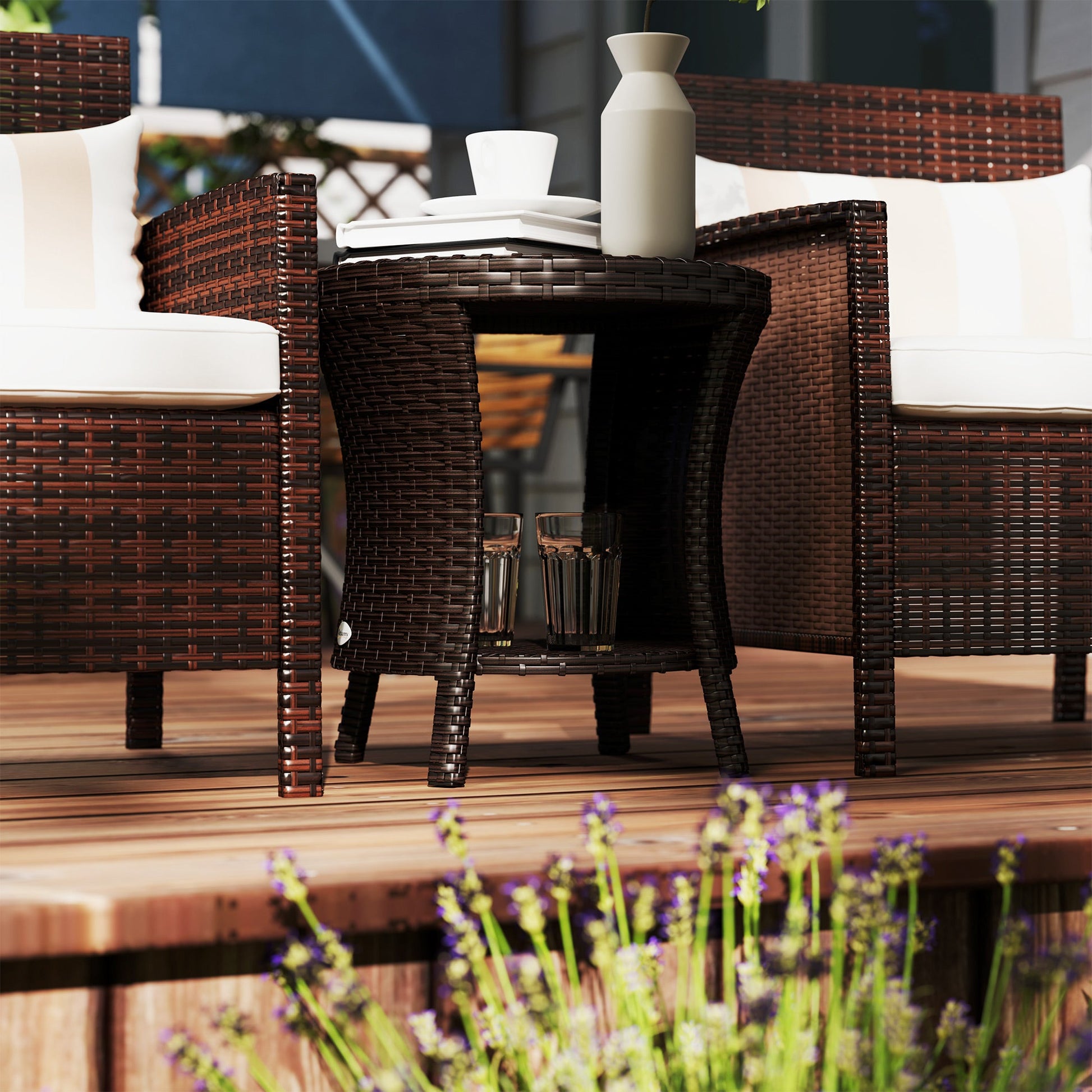 18" Wicker Outdoor Side Table, Patio Coffee Table with 2-Tier Storage, PE Rattan Outdoor Coffee Table with Composite Wood Top for Garden Backyard Balcony, Brown
