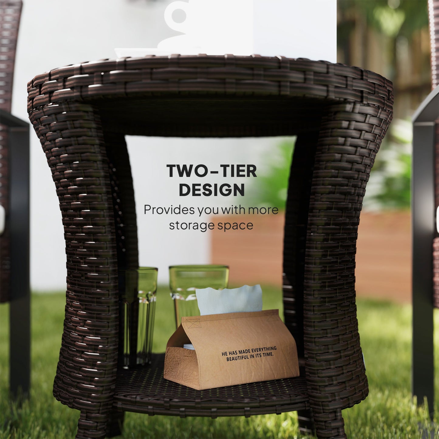 18" Wicker Outdoor Side Table, Patio Coffee Table with 2-Tier Storage, PE Rattan Outdoor Coffee Table with Composite Wood Top for Garden Backyard Balcony, Brown