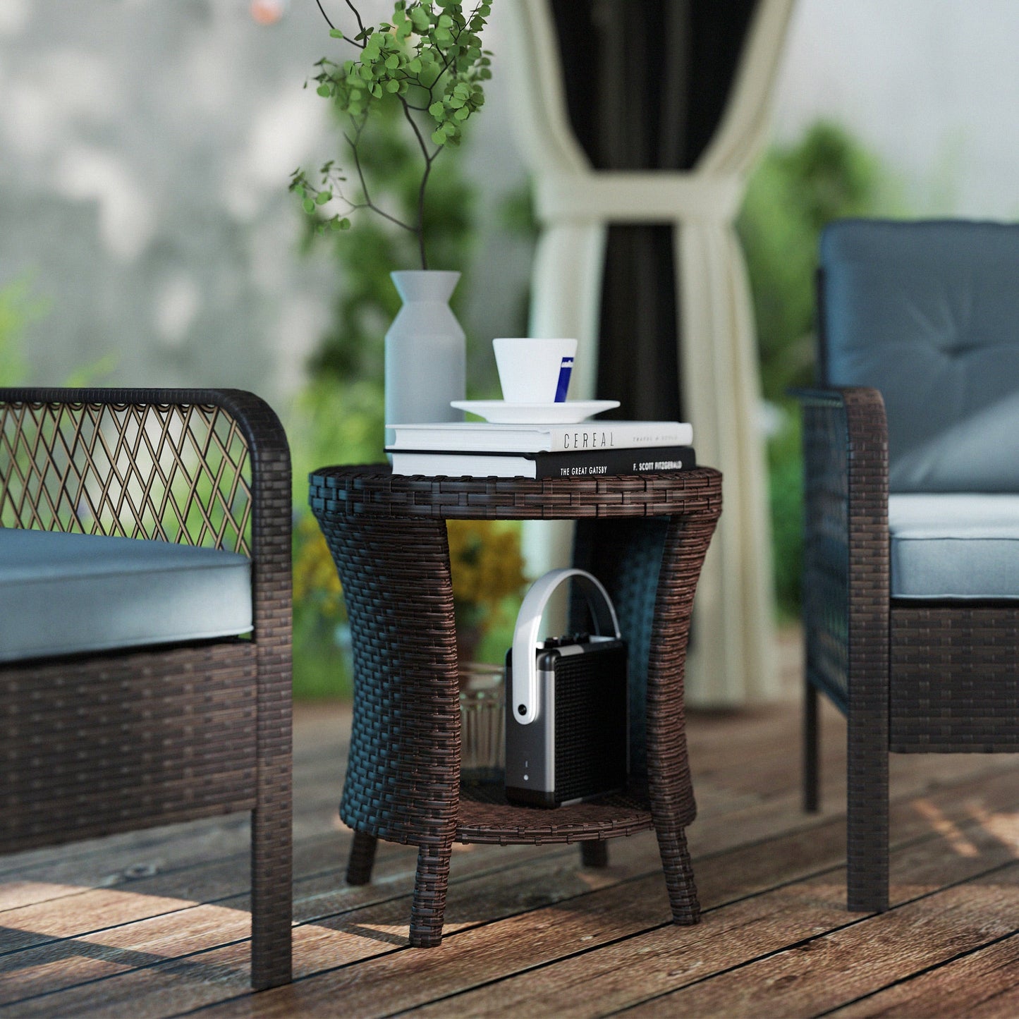 18" Wicker Outdoor Side Table, Patio Coffee Table with 2-Tier Storage, PE Rattan Outdoor Coffee Table with Composite Wood Top for Garden Backyard Balcony, Brown
