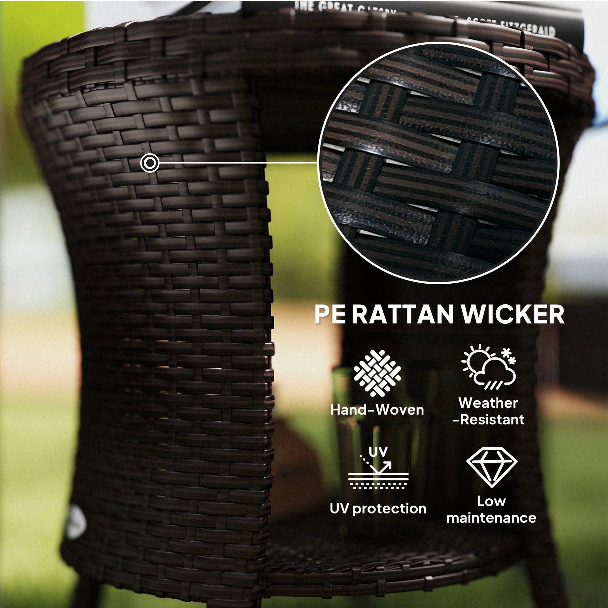 18" Wicker Outdoor Side Table, Patio Coffee Table with 2-Tier Storage, PE Rattan Outdoor Coffee Table with Composite Wood Top for Garden Backyard Balcony, Brown