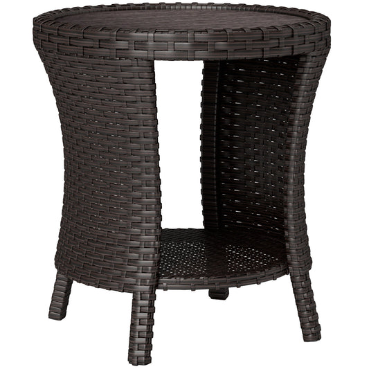 18" Wicker Outdoor Side Table, Patio Coffee Table with 2-Tier Storage, PE Rattan Outdoor Coffee Table with Composite Wood Top for Garden Backyard Balcony, Brown