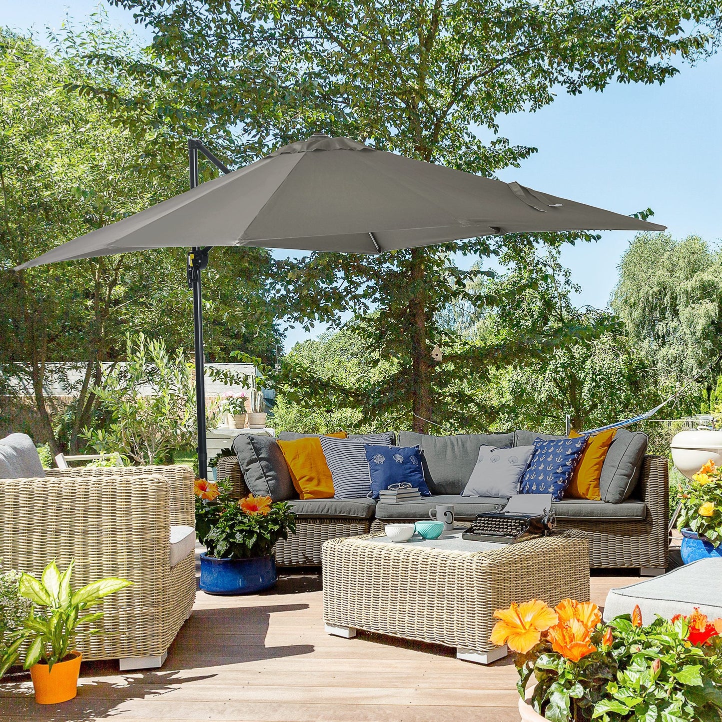 8' x 8' Square Patio Hanging Offset Umbrella with 360° Rotation, Aluminum Outdoor Cantilever Parasol with Crank & Tilt, Sun Canopy Shelter with Cross Base, Light Grey