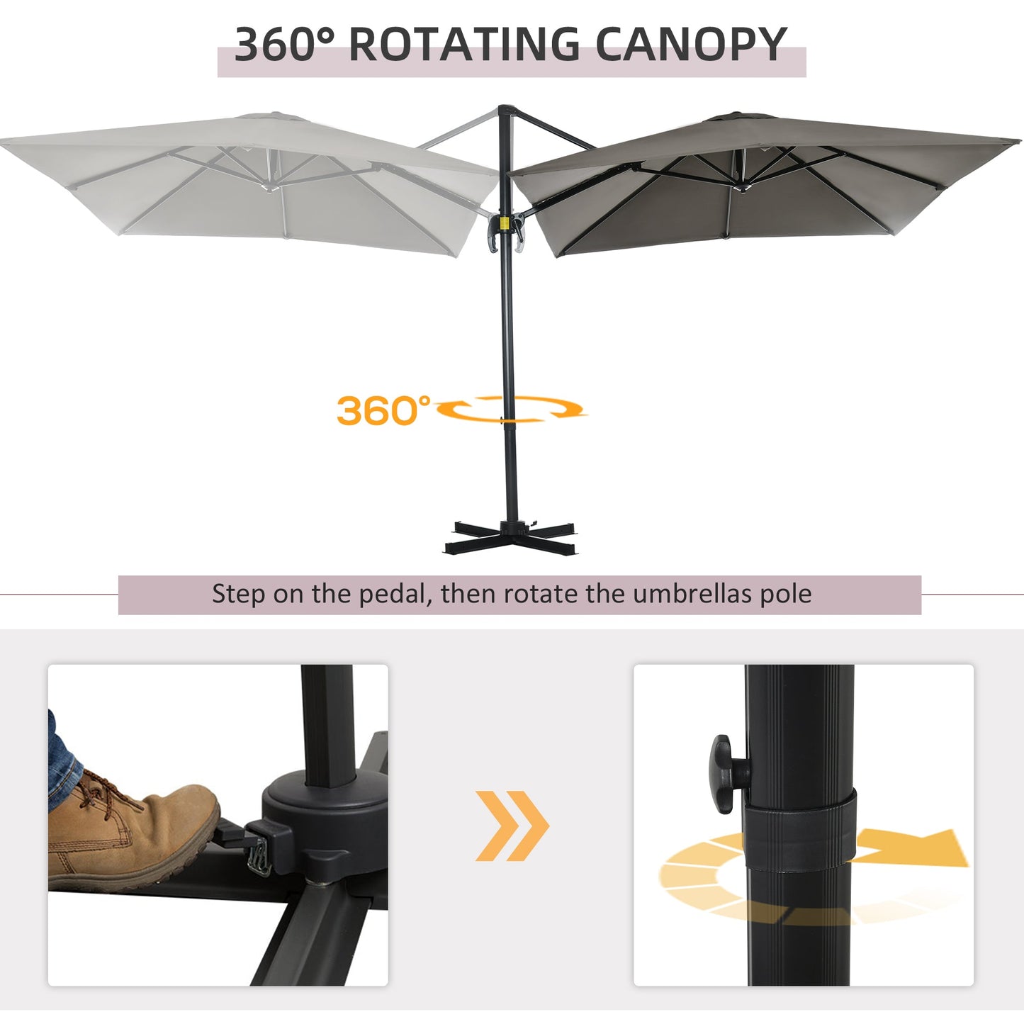 8' x 8' Square Patio Hanging Offset Umbrella with 360° Rotation, Aluminum Outdoor Cantilever Parasol with Crank & Tilt, Sun Canopy Shelter with Cross Base, Light Grey