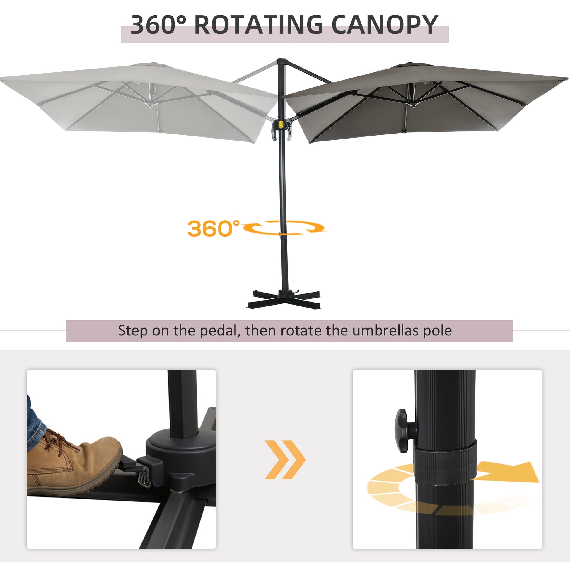8' x 8' Square Patio Hanging Offset Umbrella with 360° Rotation, Aluminum Outdoor Cantilever Parasol with Crank & Tilt, Sun Canopy Shelter with Cross Base, Light Grey