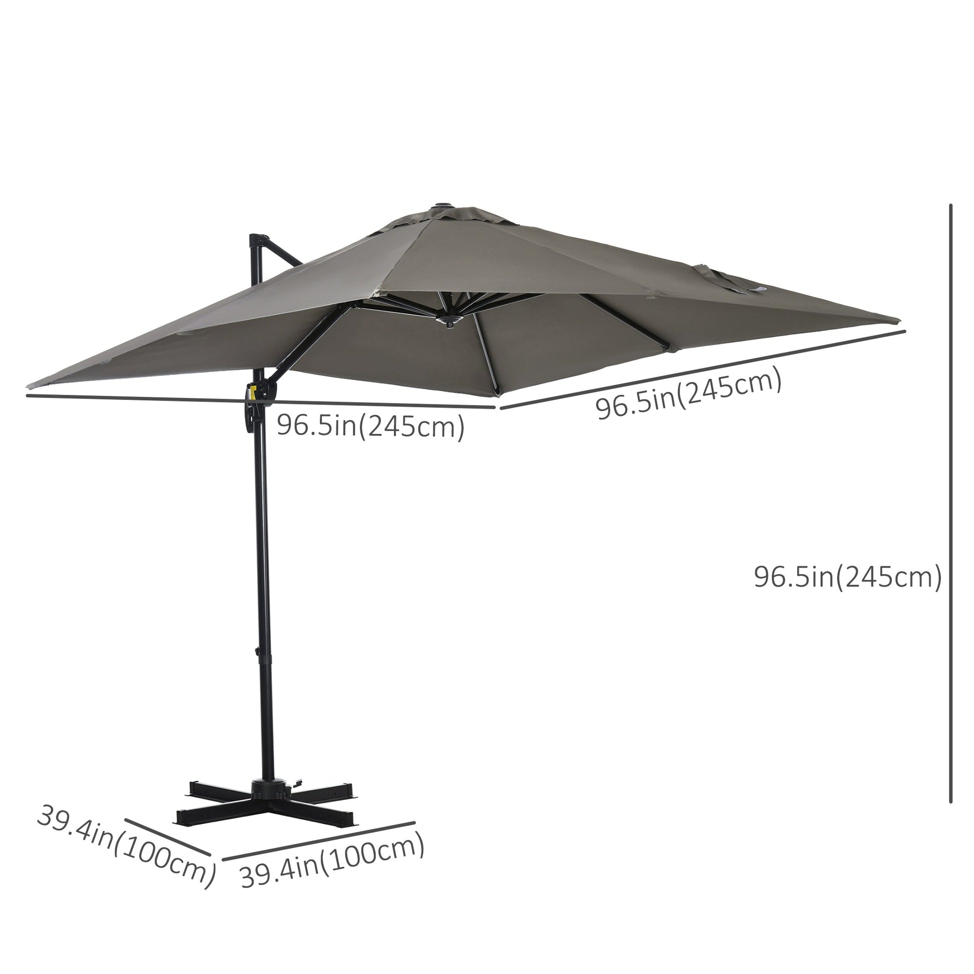 8' x 8' Square Patio Hanging Offset Umbrella with 360° Rotation, Aluminum Outdoor Cantilever Parasol with Crank & Tilt, Sun Canopy Shelter with Cross Base, Light Grey