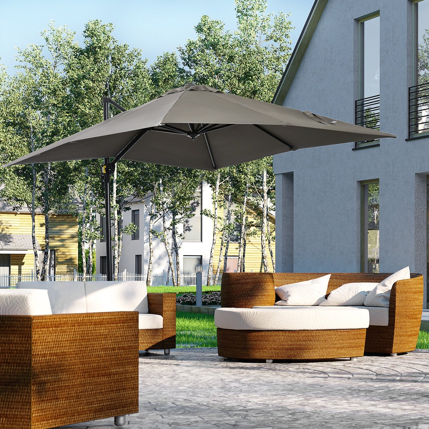 8' x 8' Square Patio Hanging Offset Umbrella with 360° Rotation, Aluminum Outdoor Cantilever Parasol with Crank & Tilt, Sun Canopy Shelter with Cross Base, Light Grey