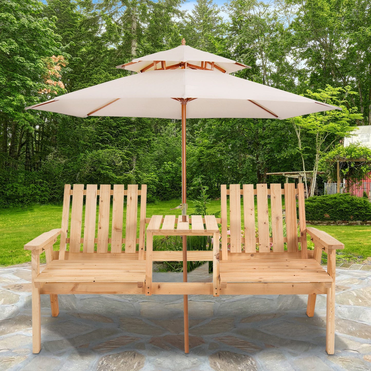 2-Seater Outdoor Wooden Bench with Middle Table and Umbrella Hole, Garden Bench for 2 Persons, Patio Loveseat with Slatted Seat and Back, Nature Wood