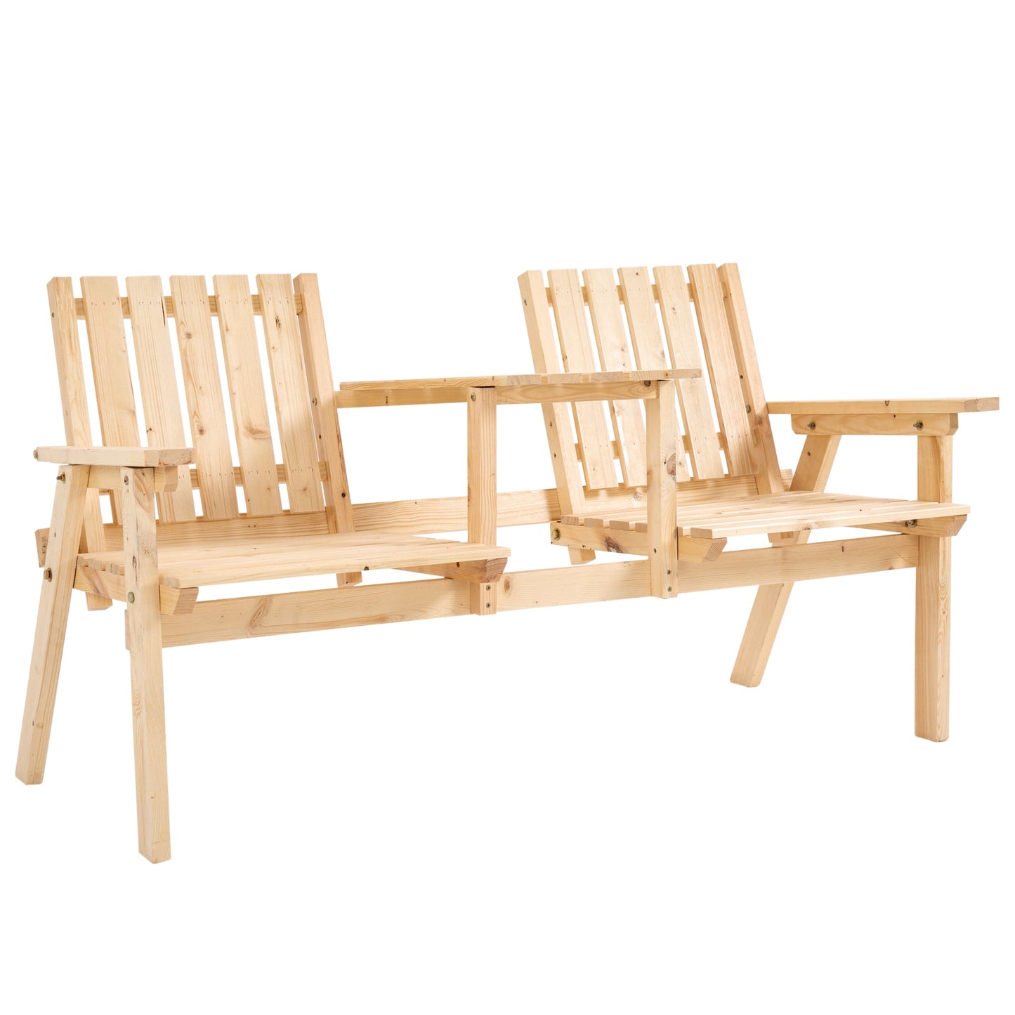 2-Seater Outdoor Wooden Bench with Middle Table and Umbrella Hole, Garden Bench for 2 Persons, Patio Loveseat with Slatted Seat and Back, Nature Wood