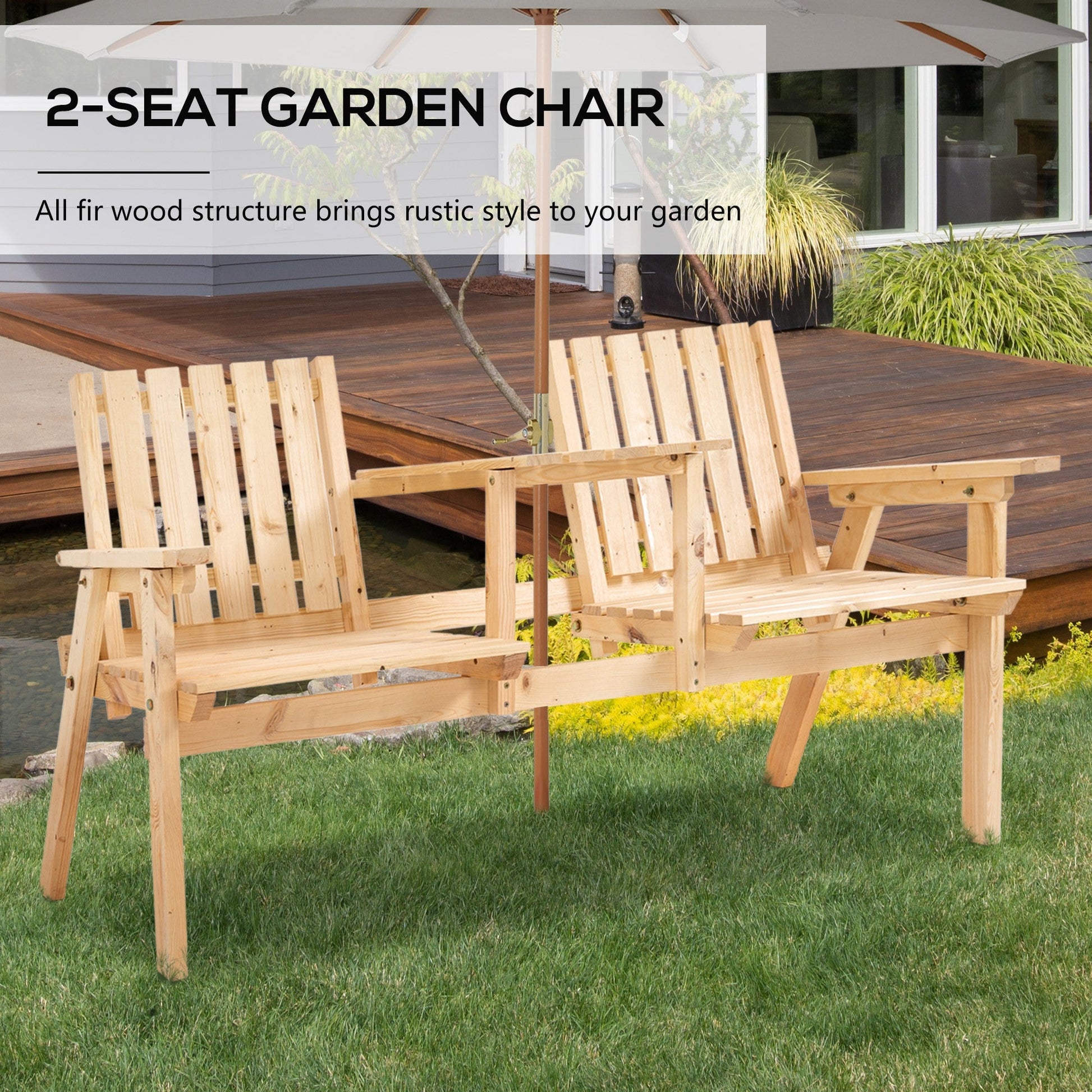 2-Seater Outdoor Wooden Bench with Middle Table and Umbrella Hole, Garden Bench for 2 Persons, Patio Loveseat with Slatted Seat and Back, Nature Wood