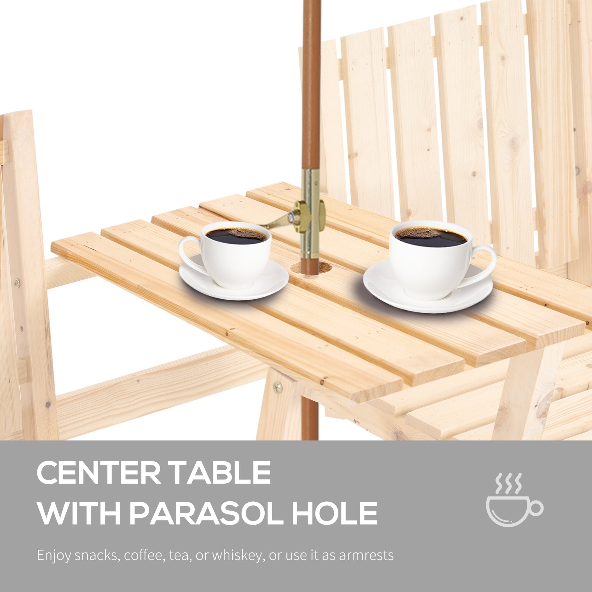 2-Seater Outdoor Wooden Bench with Middle Table and Umbrella Hole, Garden Bench for 2 Persons, Patio Loveseat with Slatted Seat and Back, Nature Wood