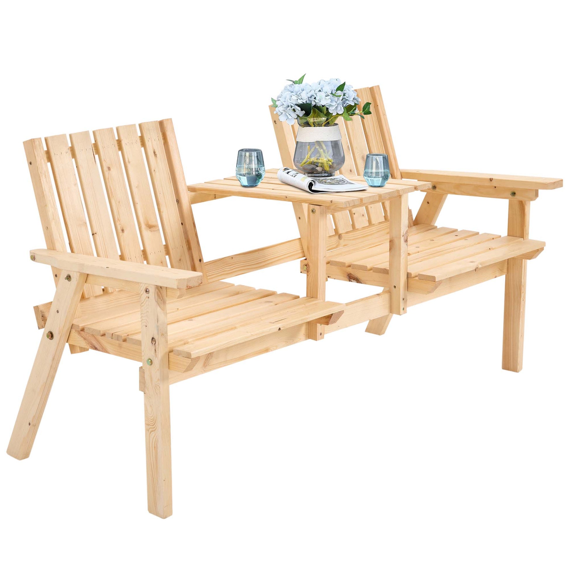 2-Seater Outdoor Wooden Bench with Middle Table and Umbrella Hole, Garden Bench for 2 Persons, Patio Loveseat with Slatted Seat and Back, Nature Wood