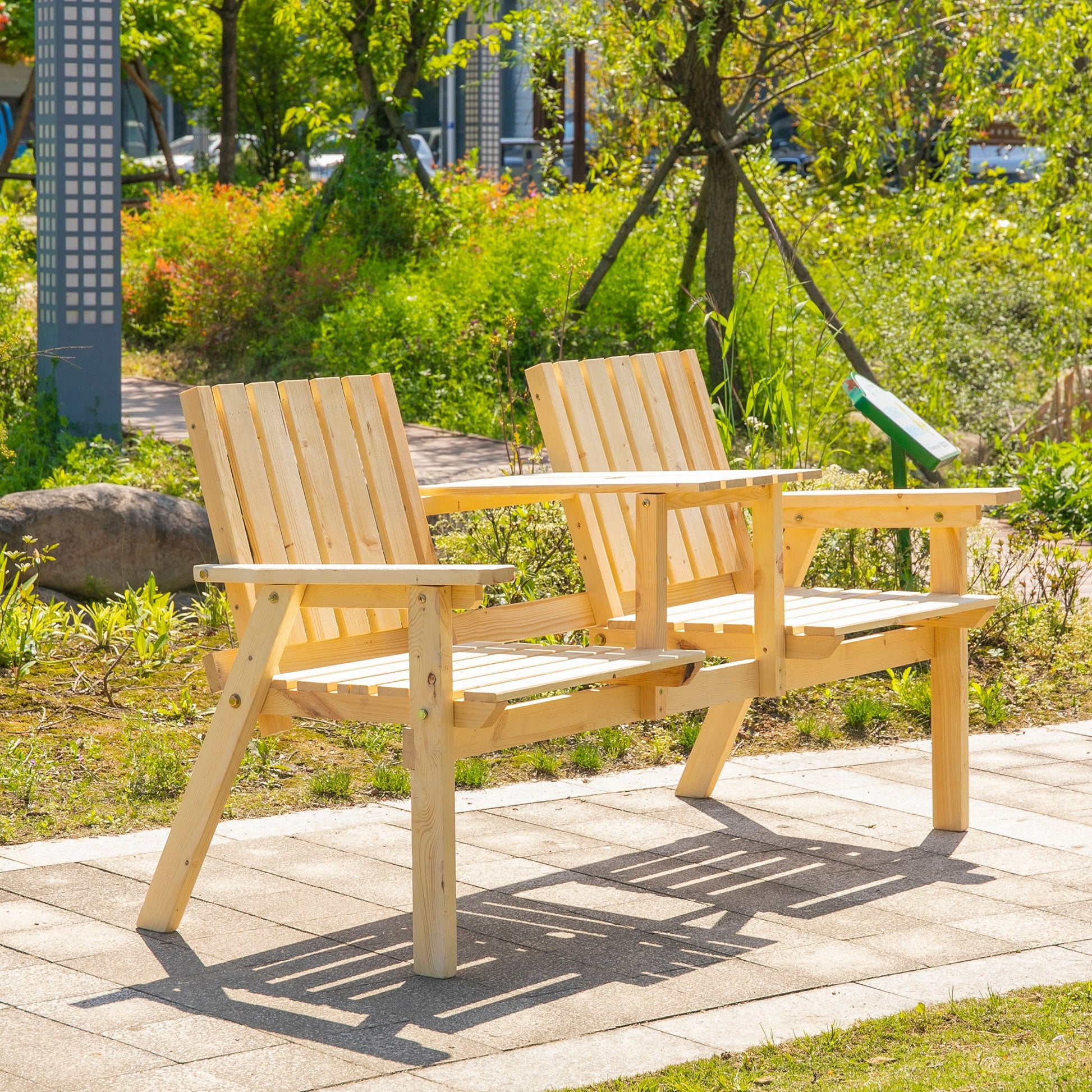 2-Seater Outdoor Wooden Bench with Middle Table and Umbrella Hole, Garden Bench for 2 Persons, Patio Loveseat with Slatted Seat and Back, Nature Wood