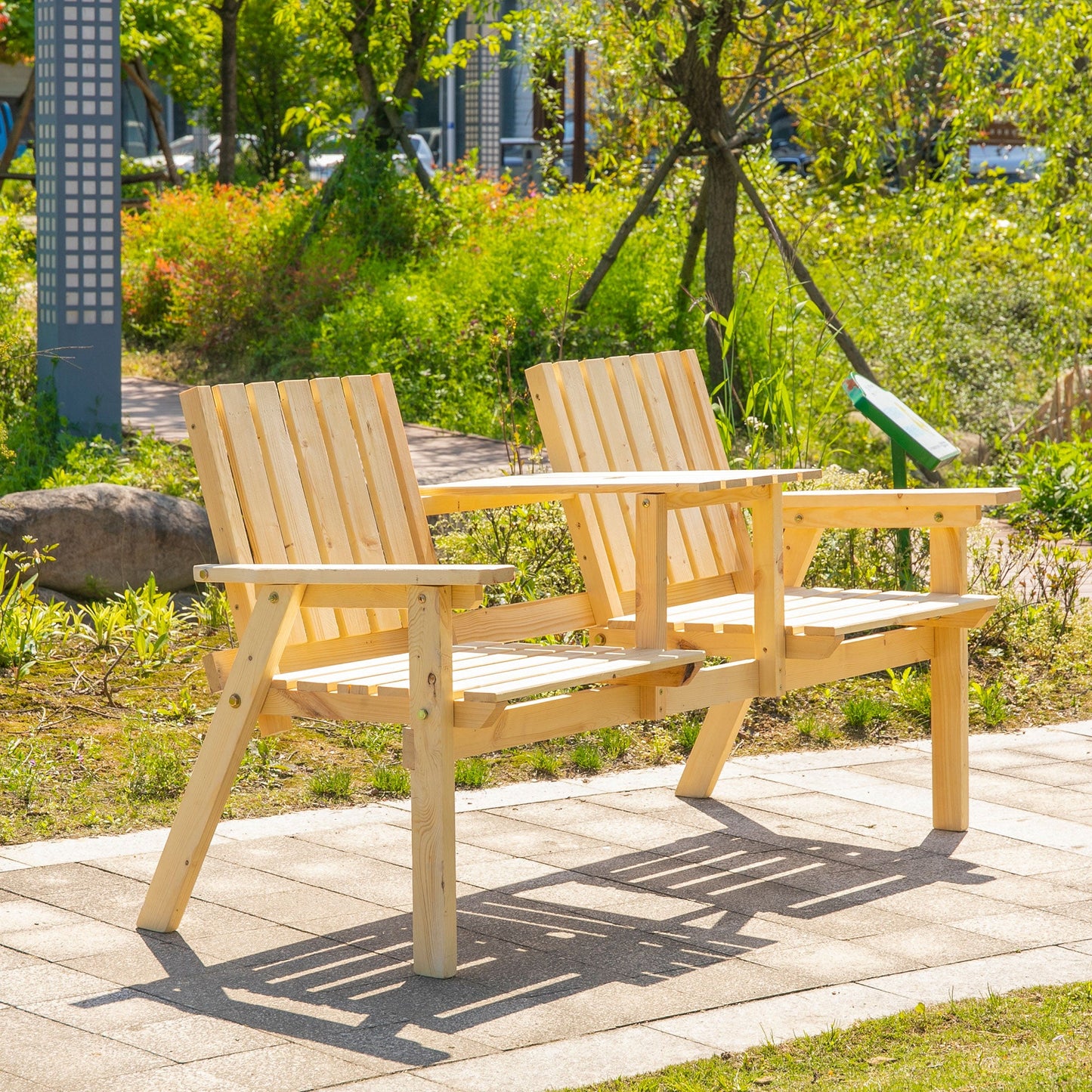 2-Seater Outdoor Wooden Bench with Middle Table and Umbrella Hole, Garden Bench for 2 Persons, Patio Loveseat with Slatted Seat and Back, Nature Wood