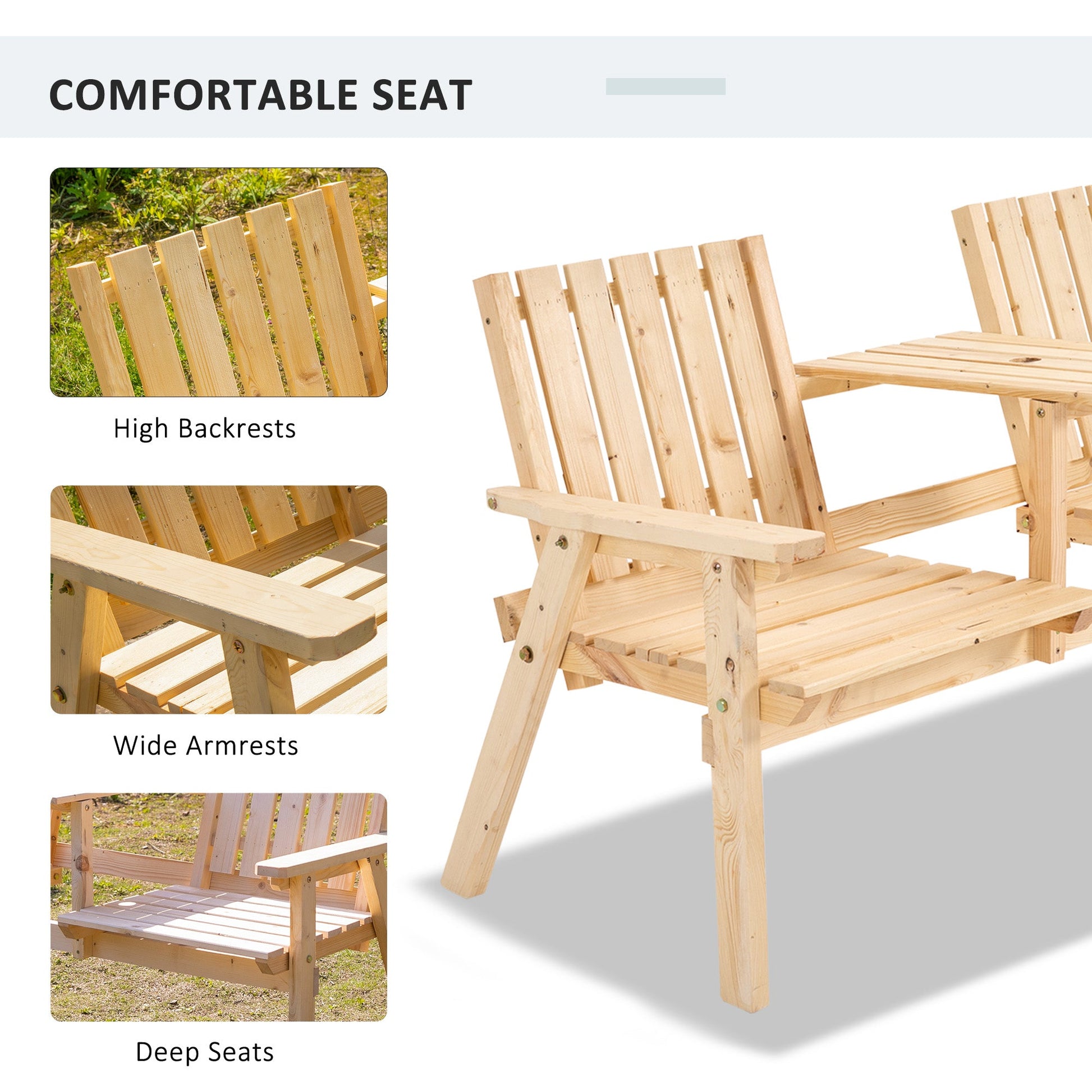 2-Seater Outdoor Wooden Bench with Middle Table and Umbrella Hole, Garden Bench for 2 Persons, Patio Loveseat with Slatted Seat and Back, Nature Wood