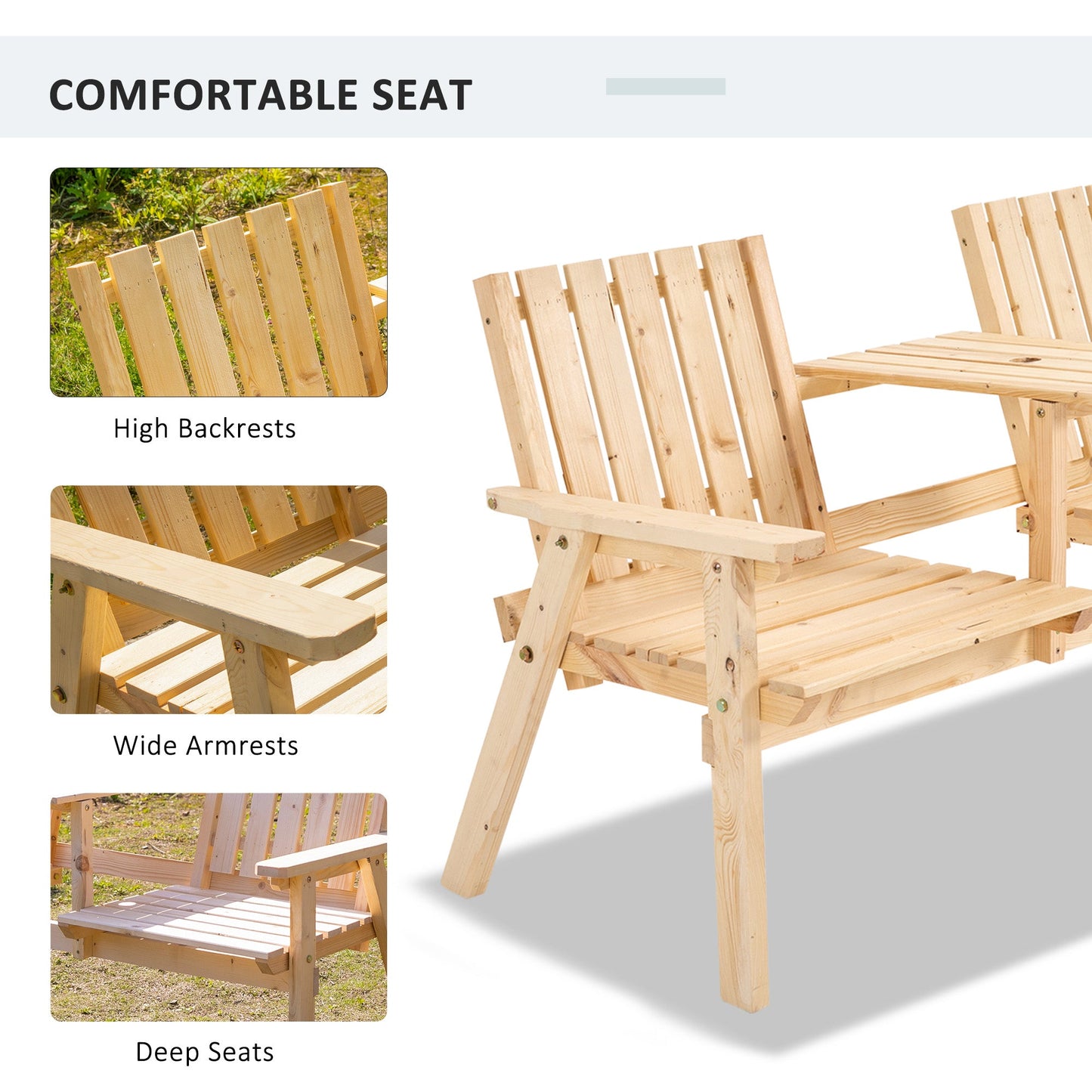 2-Seater Outdoor Wooden Bench with Middle Table and Umbrella Hole, Garden Bench for 2 Persons, Patio Loveseat with Slatted Seat and Back, Nature Wood