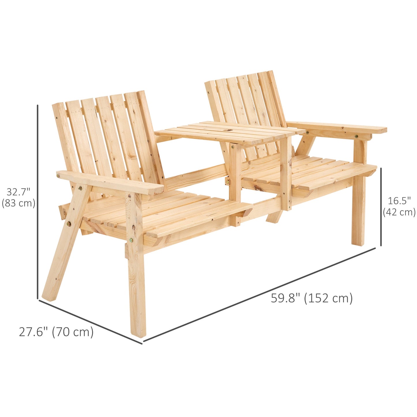 2-Seater Outdoor Wooden Bench with Middle Table and Umbrella Hole, Garden Bench for 2 Persons, Patio Loveseat with Slatted Seat and Back, Nature Wood