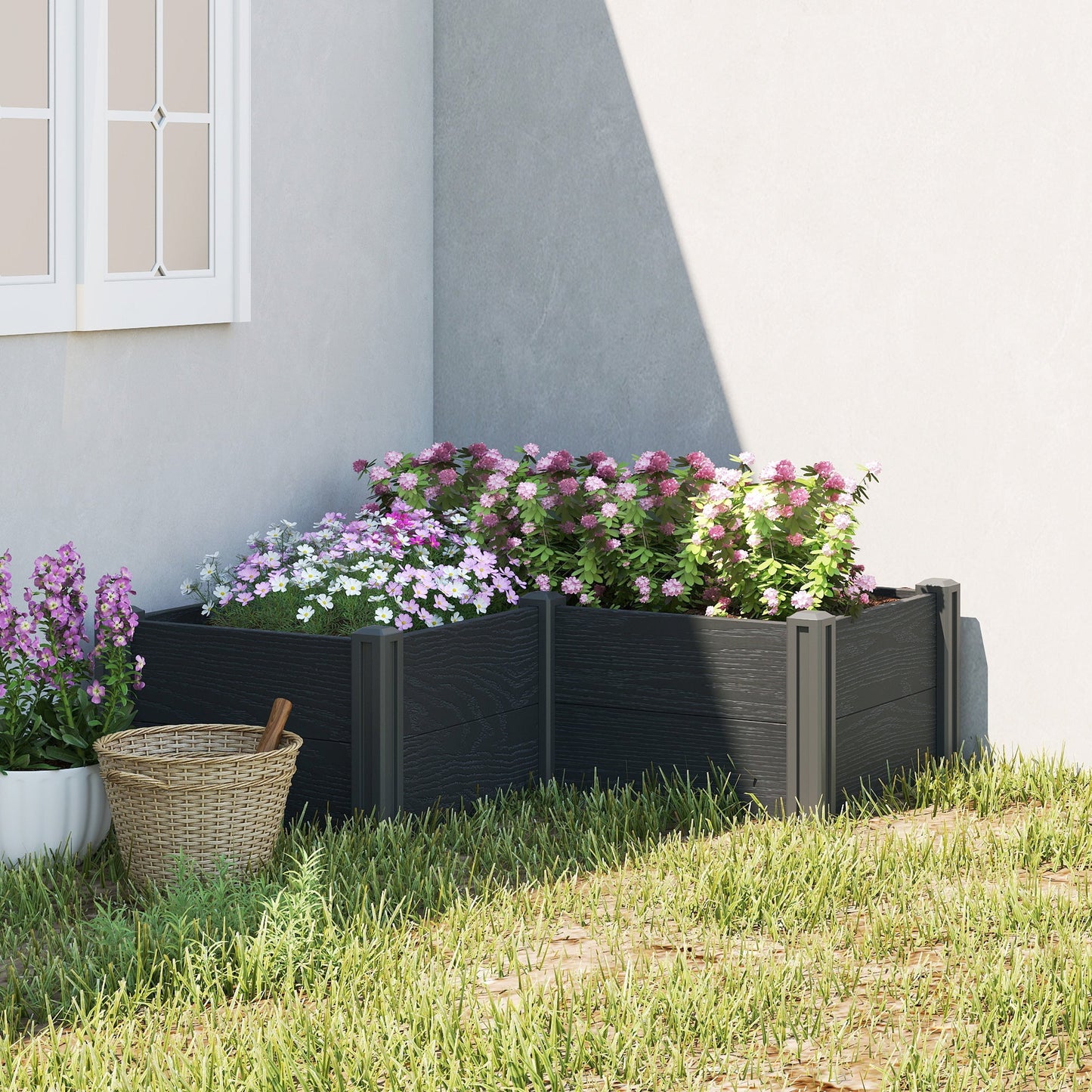 Vinyl Raised Garden Bed Kit, 3 x 3 x 1ft Elevated Garden Box with Open Bottom, Screwless Outdoor Planter Box for Flowers Herbs Vegetables, DIY Assembly, Grey Wood Effect