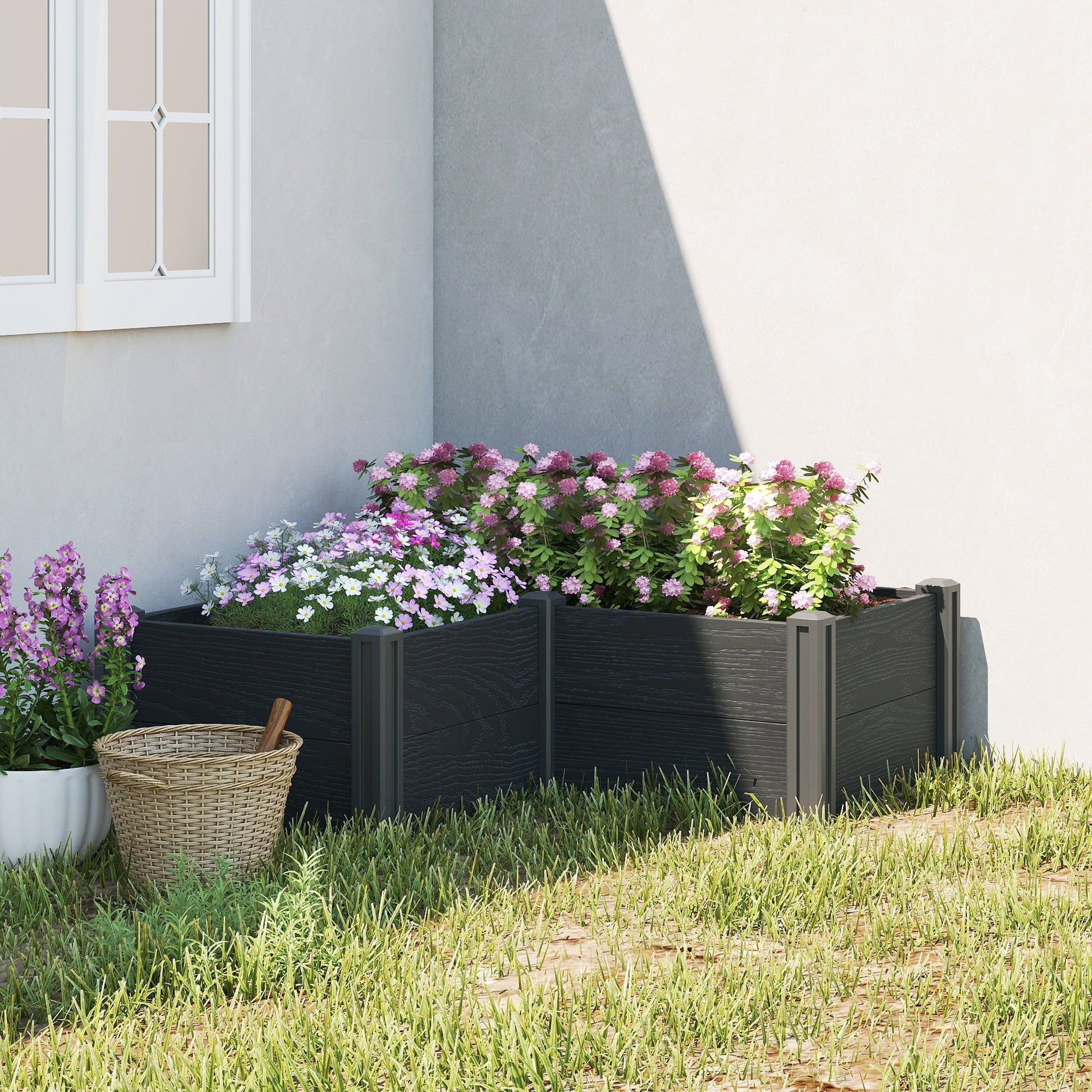 Vinyl Raised Garden Bed Kit, 3 x 3 x 1ft Elevated Garden Box with Open Bottom, Screwless Outdoor Planter Box for Flowers Herbs Vegetables, DIY Assembly, Grey Wood Effect