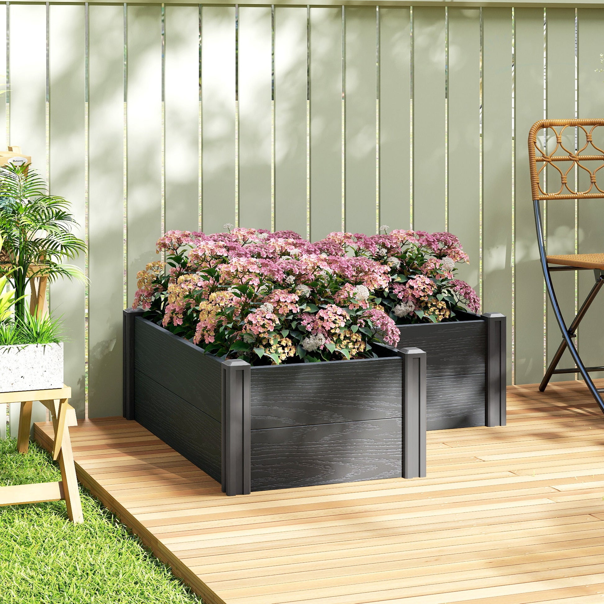 Vinyl Raised Garden Bed Kit, 3 x 3 x 1ft Elevated Garden Box with Open Bottom, Screwless Outdoor Planter Box for Flowers Herbs Vegetables, DIY Assembly, Grey Wood Effect