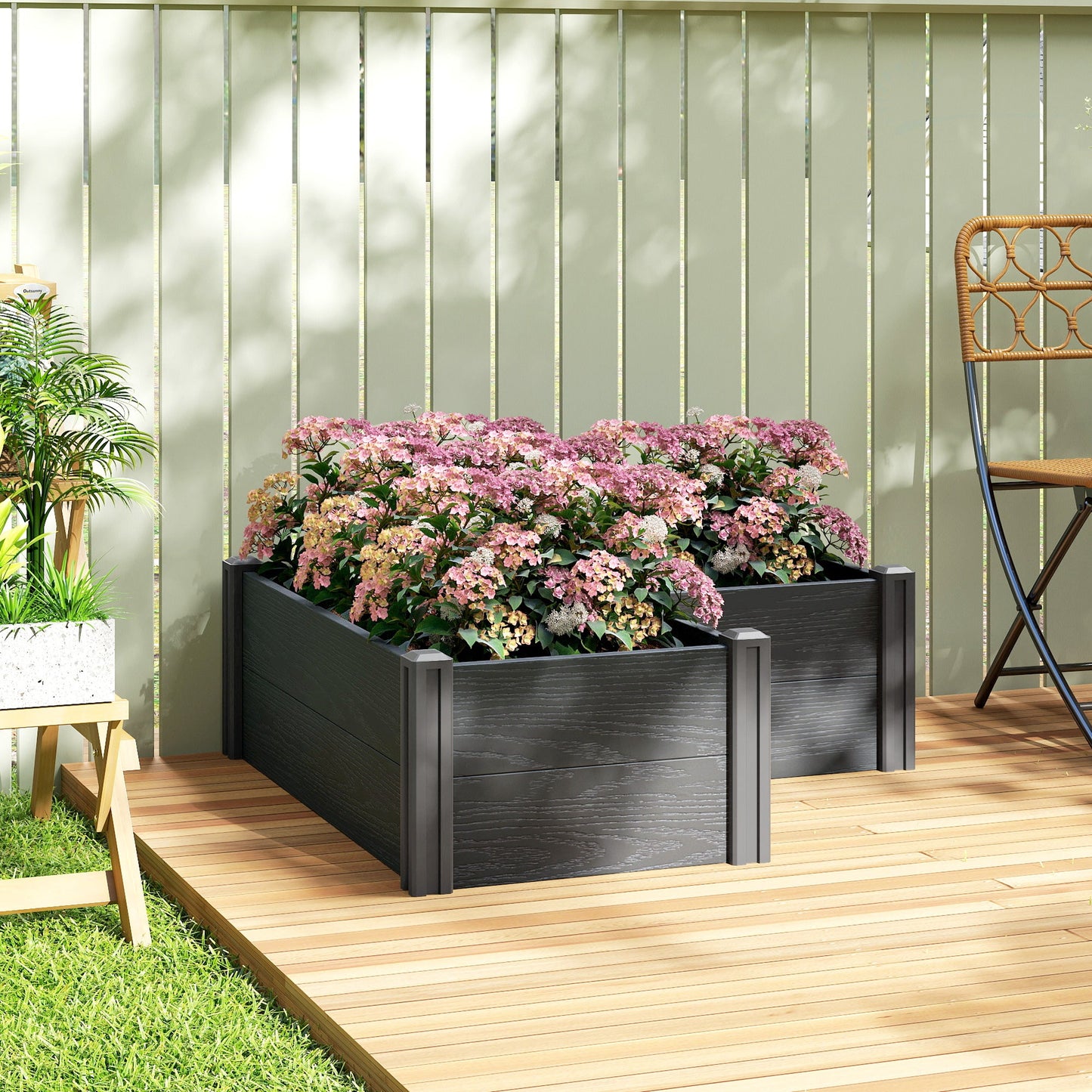 Vinyl Raised Garden Bed Kit, 3 x 3 x 1ft Elevated Garden Box with Open Bottom, Screwless Outdoor Planter Box for Flowers Herbs Vegetables, DIY Assembly, Grey Wood Effect