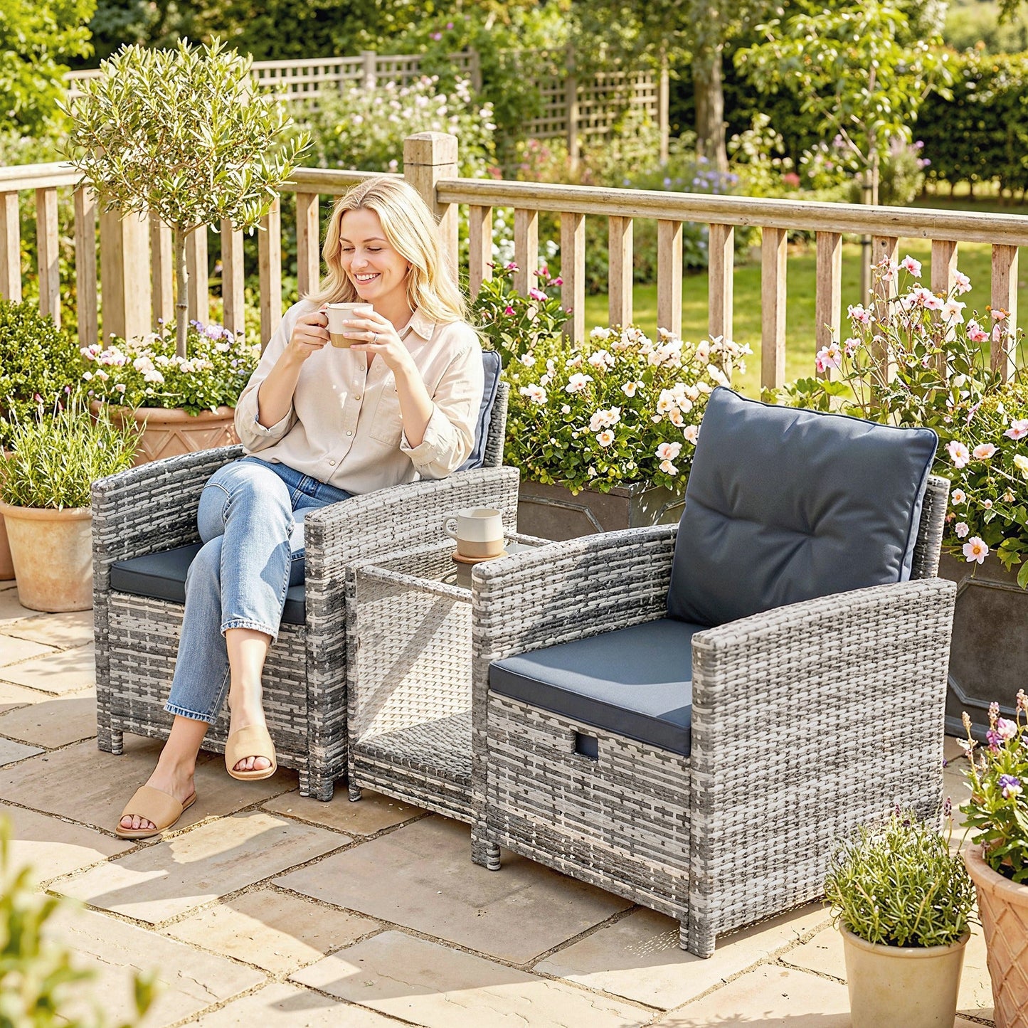 5 Piece Patio Furniture Set, Wicker Patio Chairs with Ottomans, 2-Tier Glass Coffee Table, Cushions, Outdoor Patio Furniture Conversation Set for Balcony, Grey/Dark Grey