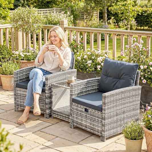 5 Piece Patio Furniture Set, Wicker Patio Chairs with Ottomans, 2-Tier Glass Coffee Table, Cushions, Outdoor Patio Furniture Conversation Set for Balcony, Grey/Dark Grey