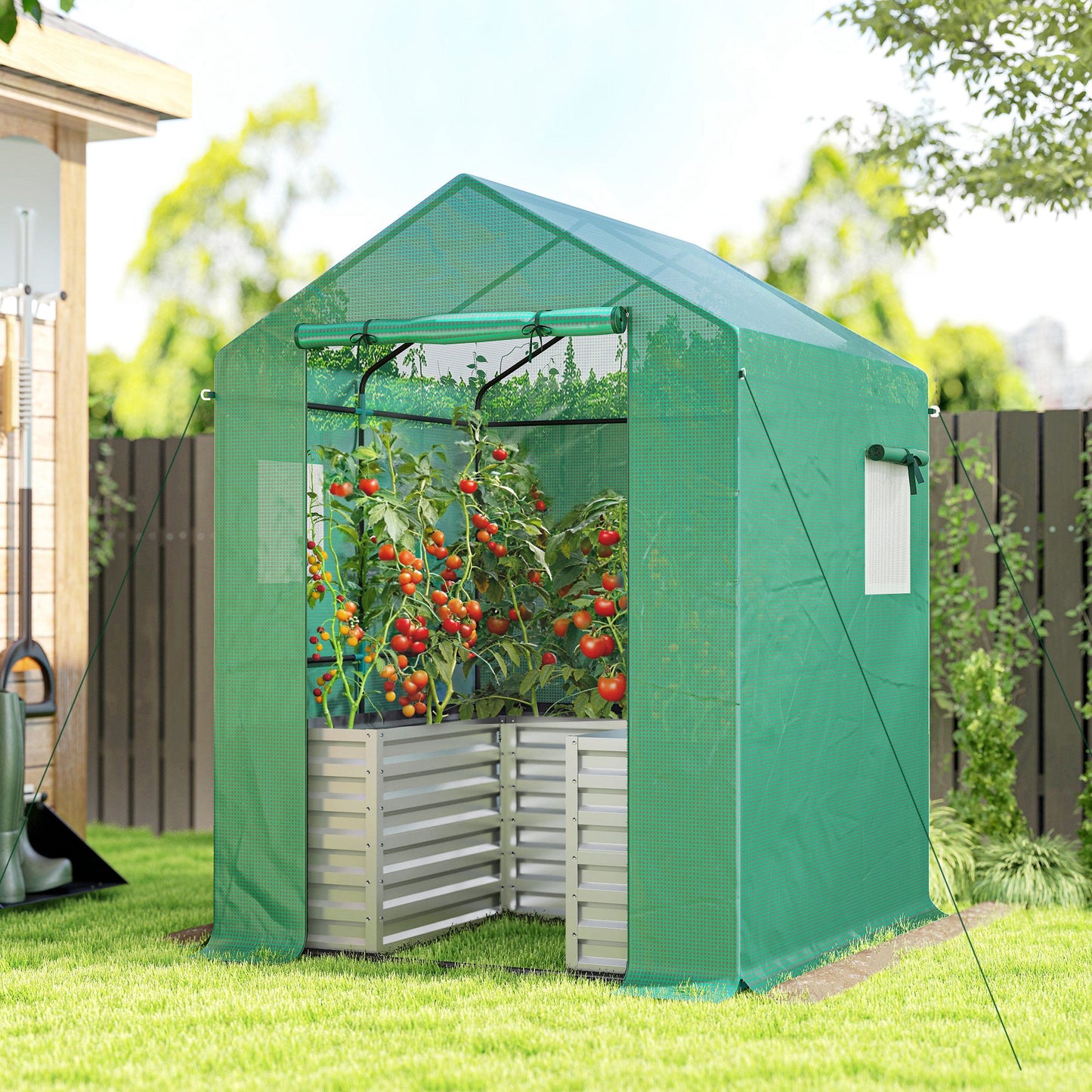 Greenhouse with Raised Garden Bed, 56" x 56" x 75" Galvanized Metal Planter Box with PE Cover, Roll Up Door and Windows, Outdoor Greenhouse for Flowers Vegetables, Green