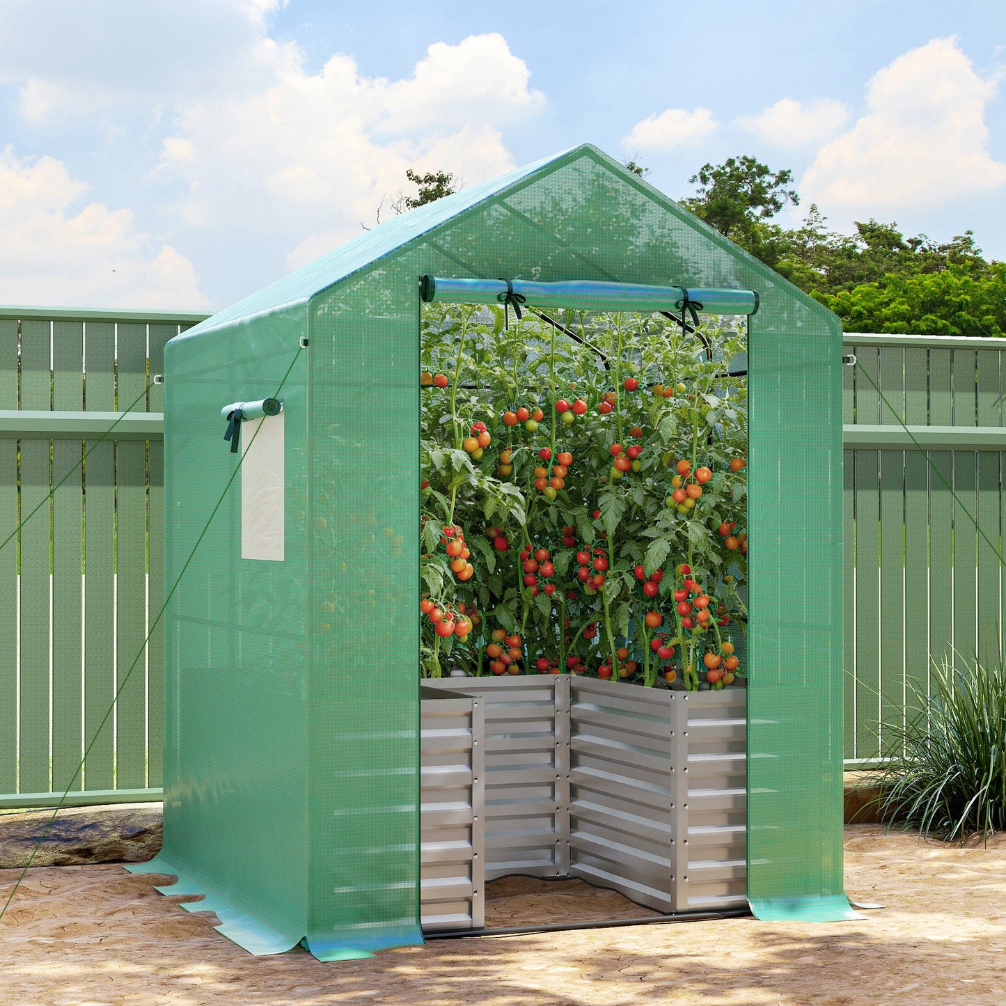 Greenhouse with Raised Garden Bed, 56" x 56" x 75" Galvanized Metal Planter Box with PE Cover, Roll Up Door and Windows, Outdoor Greenhouse for Flowers Vegetables, Green